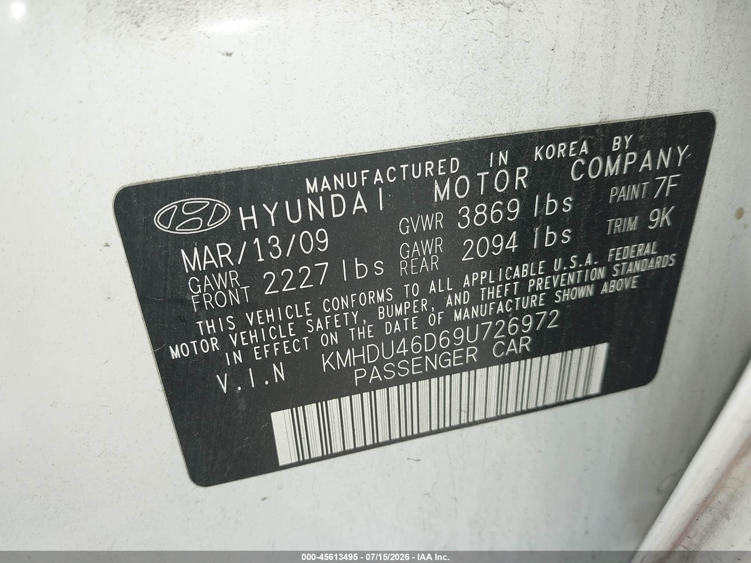 2009 Hyundai Elantra Gls White vin: KMHDU46D69U726972
