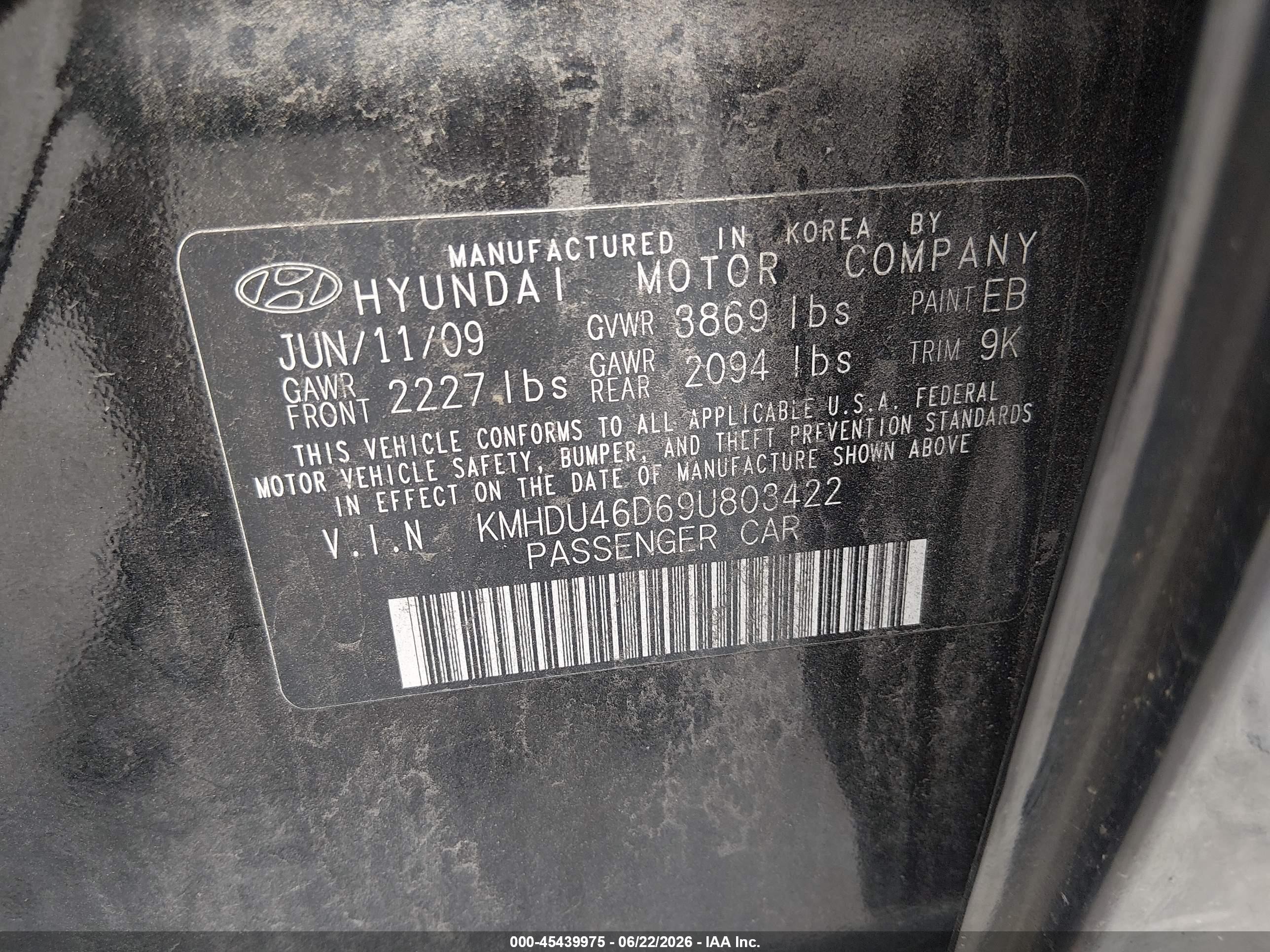2009 Hyundai Elantra Gls Black vin: KMHDU46D69U803422