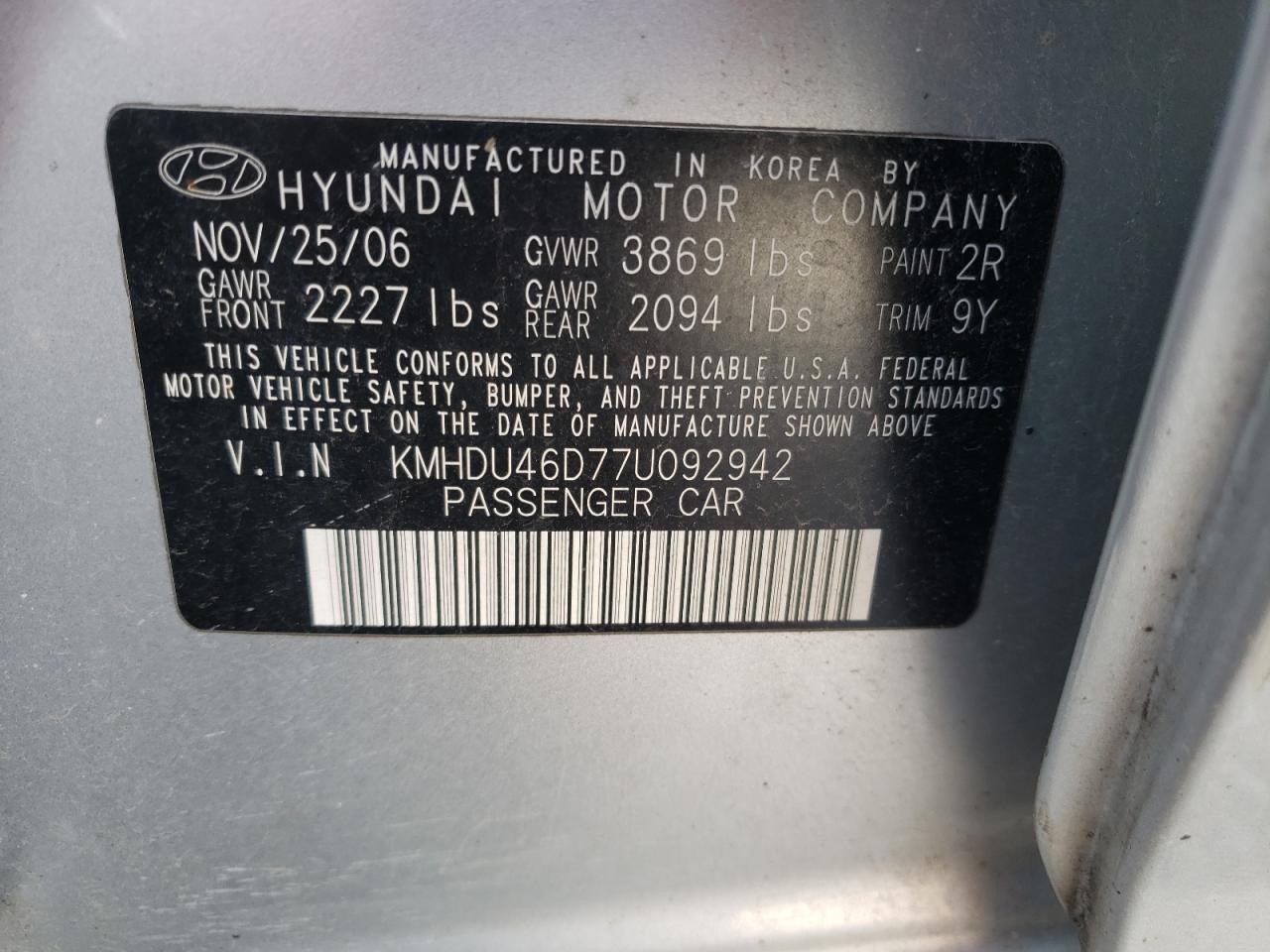 2007 Hyundai Elantra Gls Silver vin: KMHDU46D77U092942