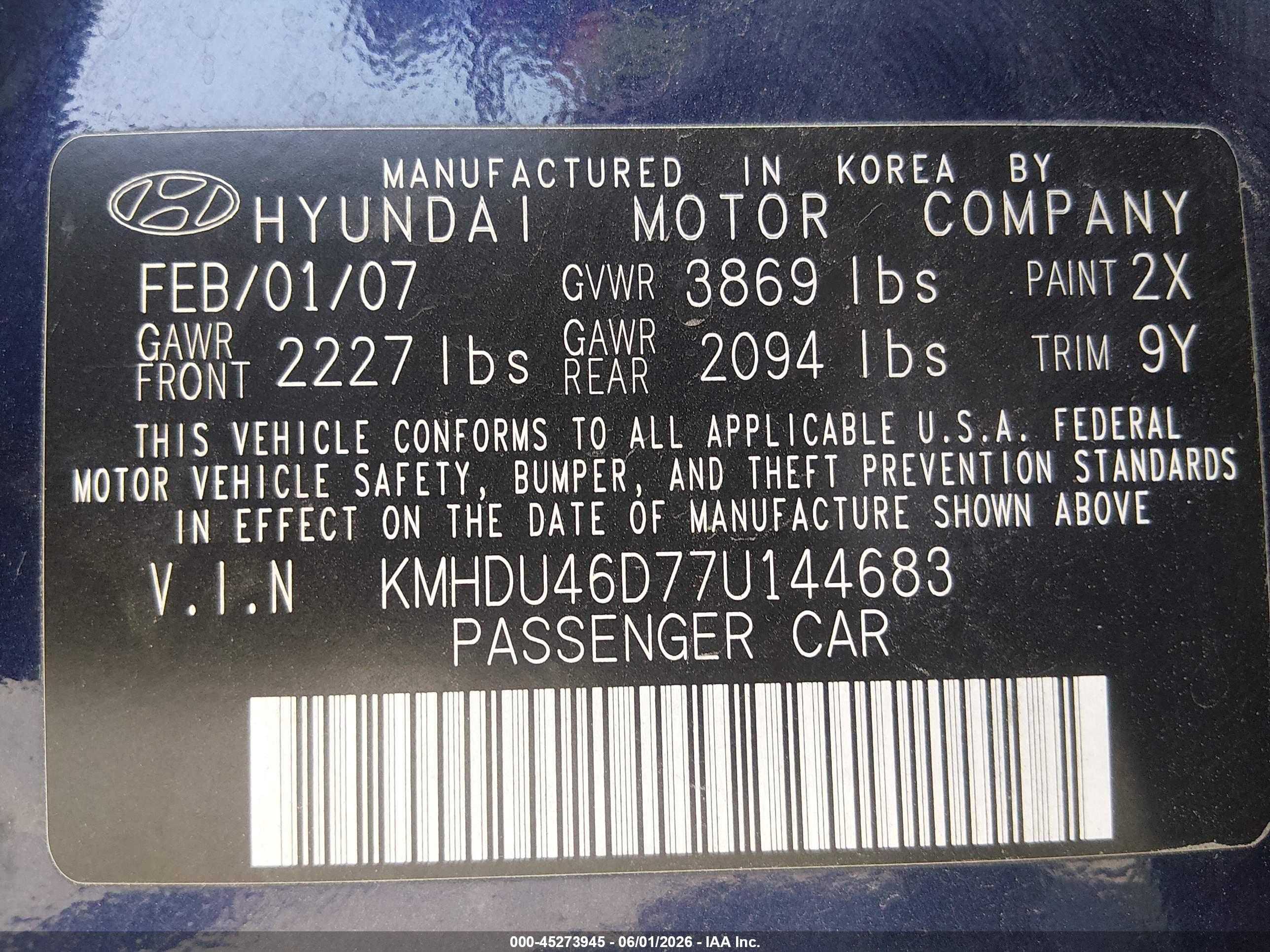 2007 Hyundai Elantra Gls/limited/se Blue vin: KMHDU46D77U144683