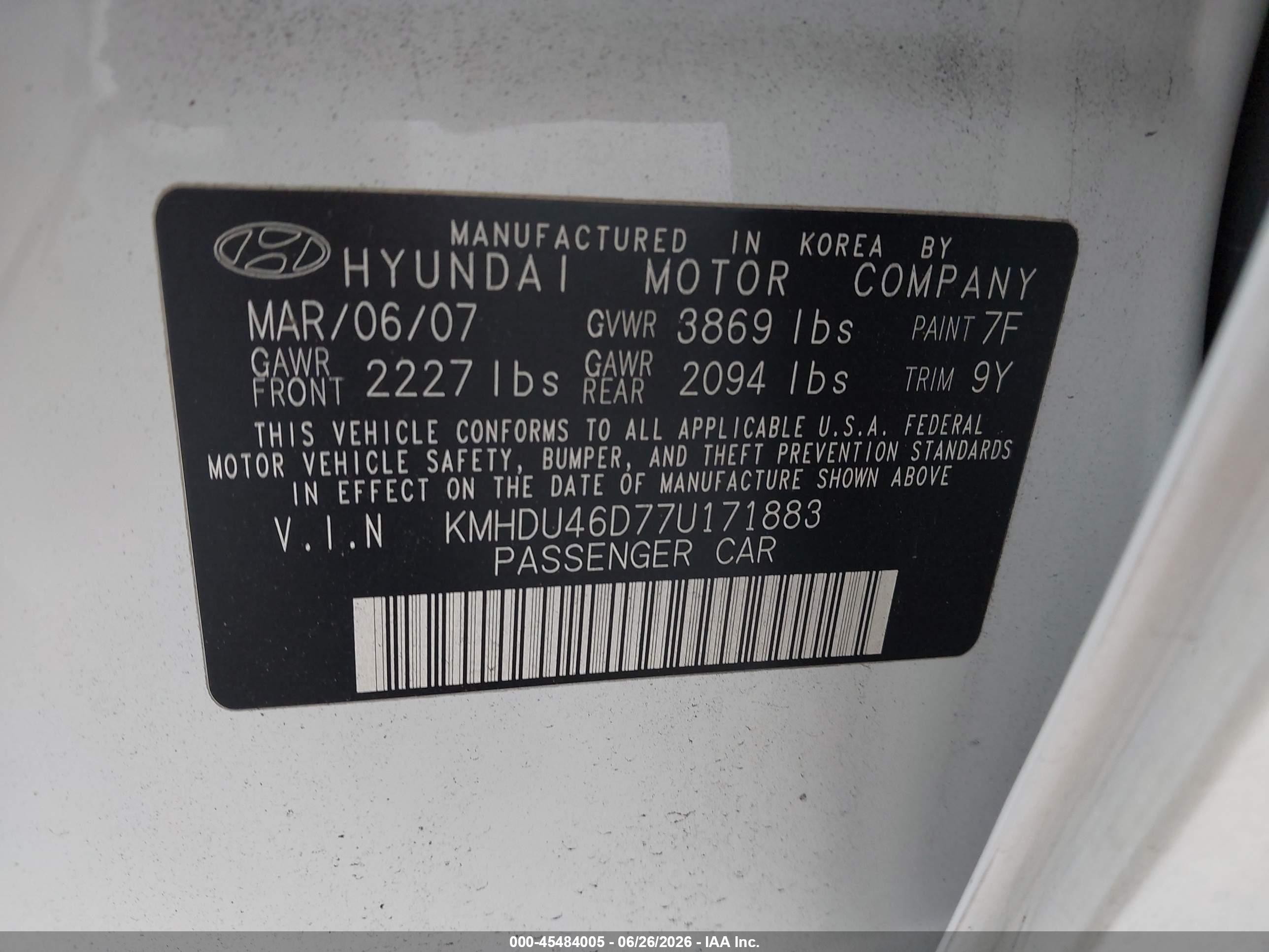 2007 Hyundai Elantra Gls/ltd/se White vin: KMHDU46D77U171883