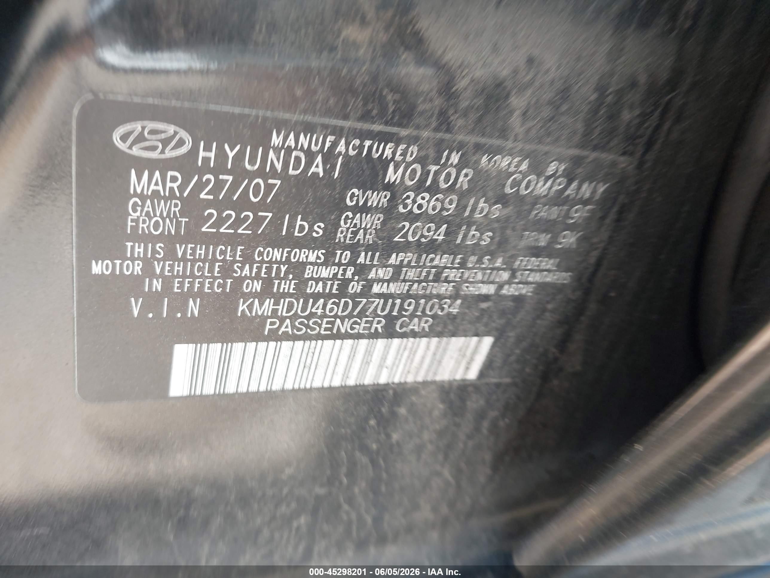 2007 Hyundai Elantra Gls/limited/se Черный vin: KMHDU46D77U191034