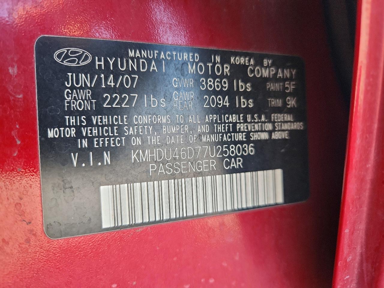 2007 Hyundai Elantra Gls Red vin: KMHDU46D77U258036