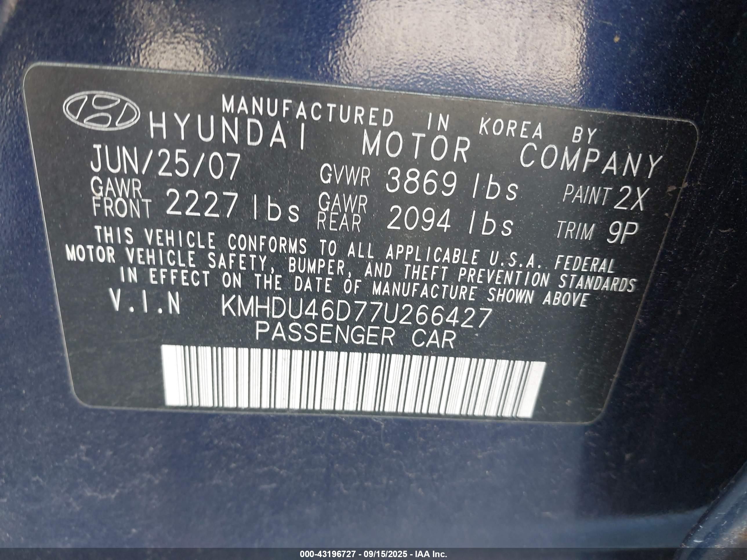 2007 Hyundai Elantra Gls/limited/se Blue vin: KMHDU46D77U266427