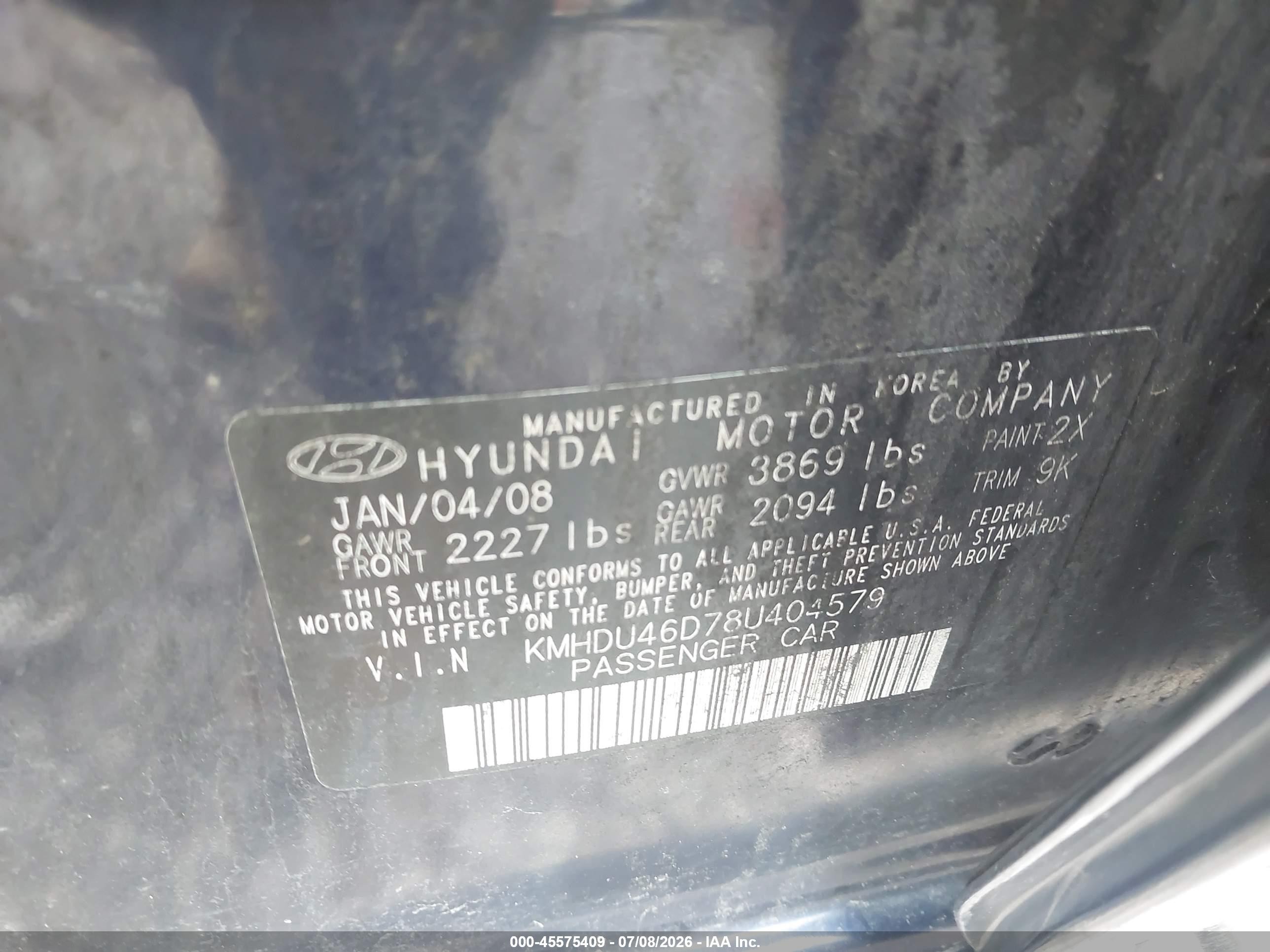 2008 Hyundai Elantra Gls/se Blue vin: KMHDU46D78U404579