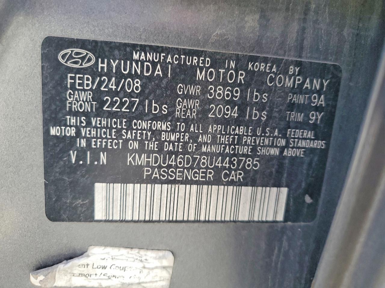 2008 Hyundai Elantra Gls Gray vin: KMHDU46D78U443785
