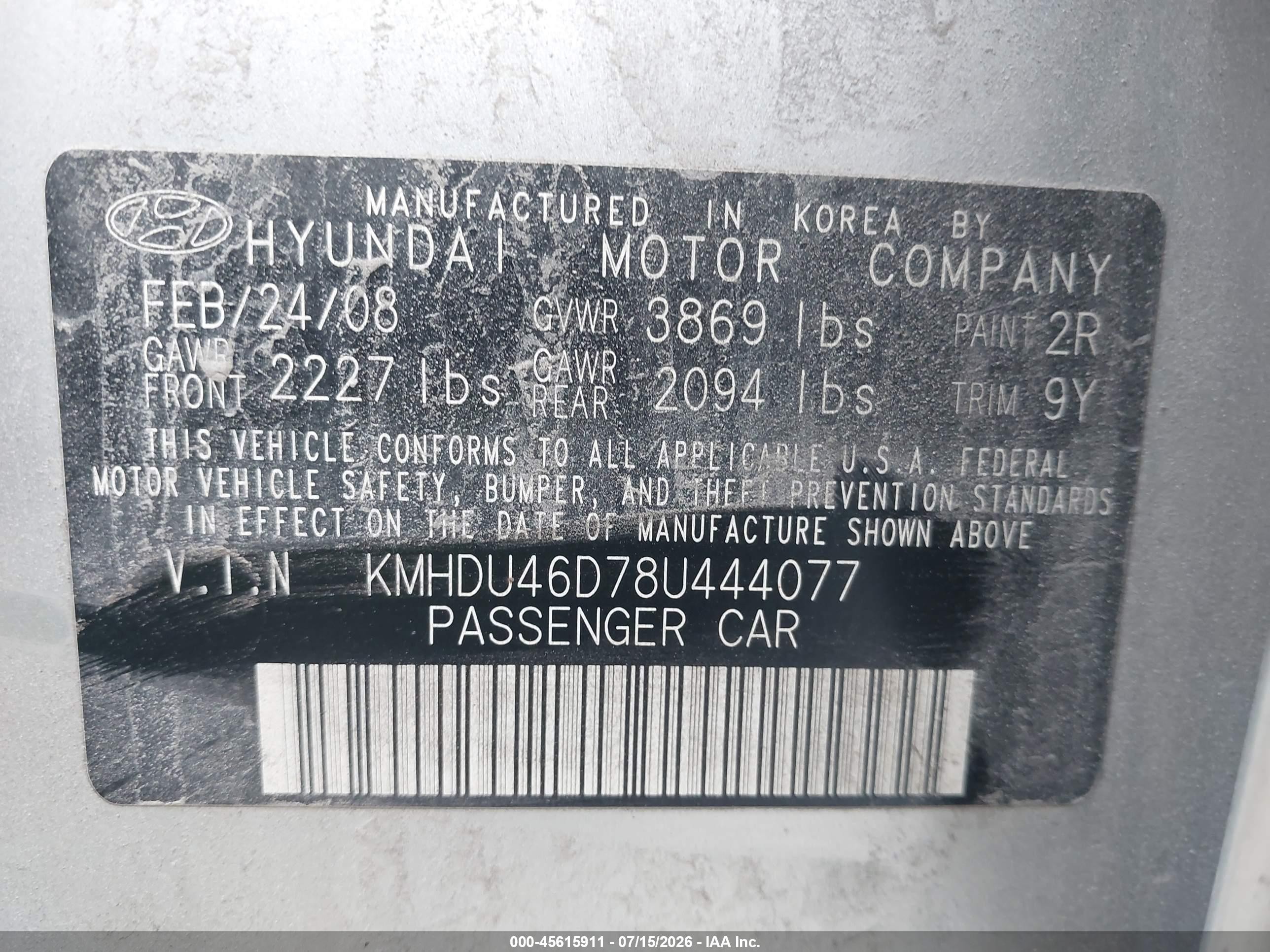 2008 Hyundai Elantra Gls/se Silver vin: KMHDU46D78U444077