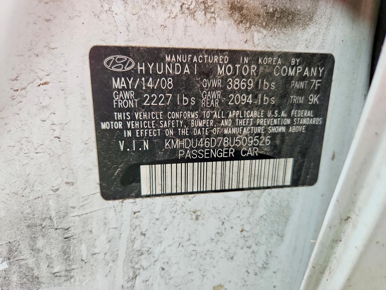 2008 Hyundai Elantra Gls White vin: KMHDU46D78U509526