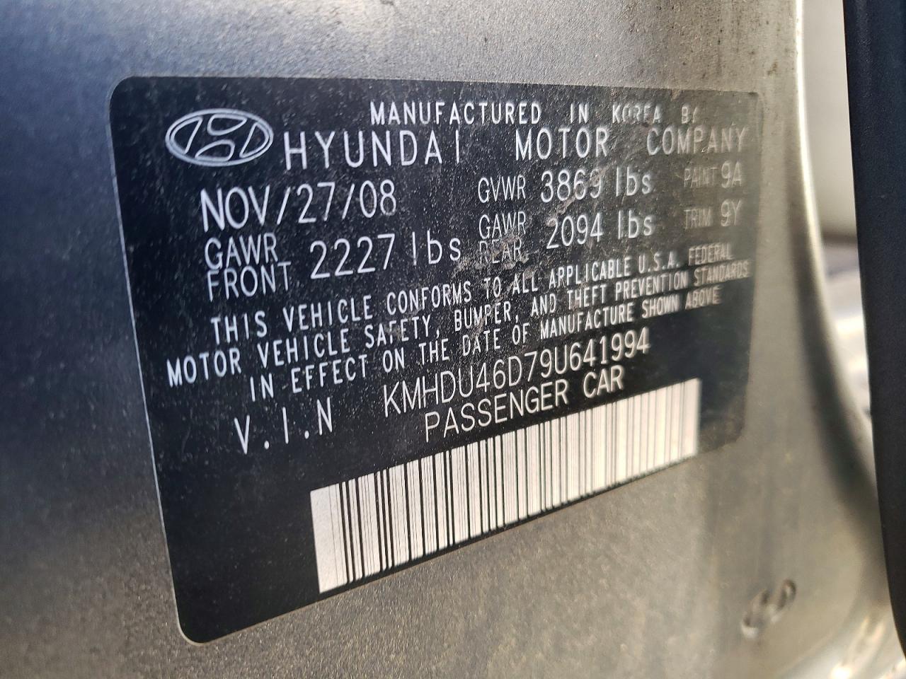 2009 Hyundai Elantra Gls Gray vin: KMHDU46D79U641994