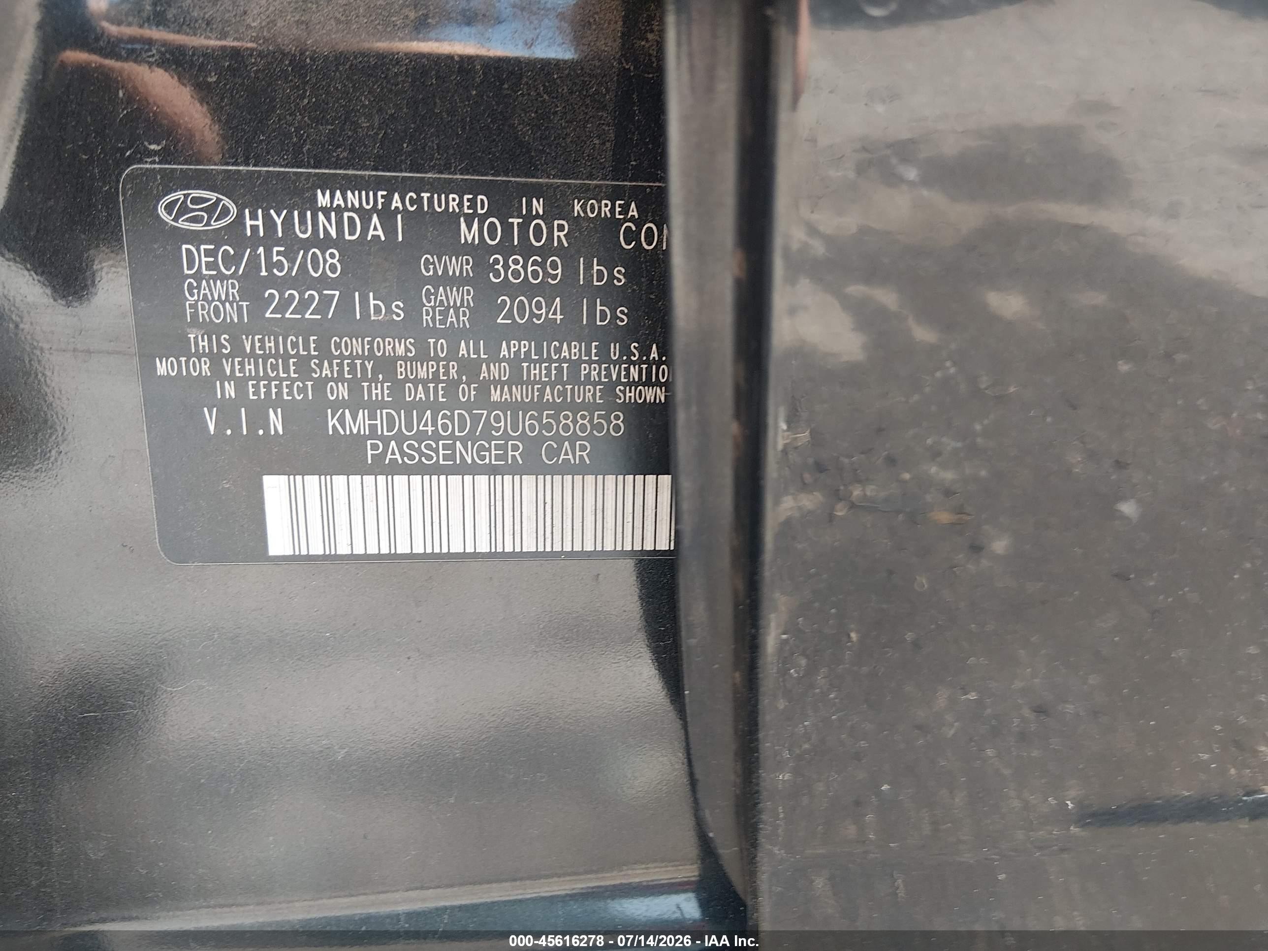 2009 Hyundai Elantra Gls Black vin: KMHDU46D79U658858