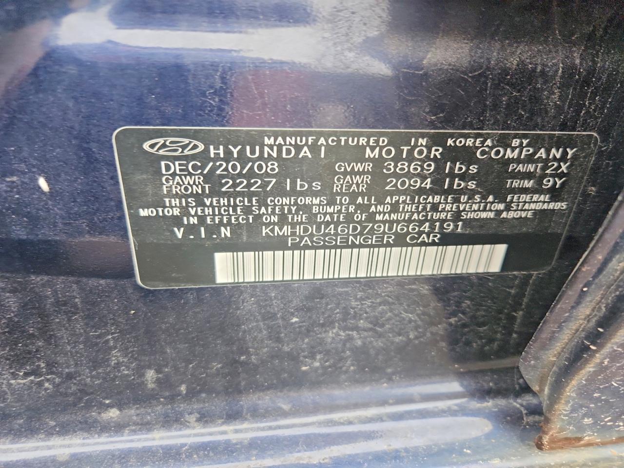 2009 Hyundai Elantra Se Blue vin: KMHDU46D79U664191