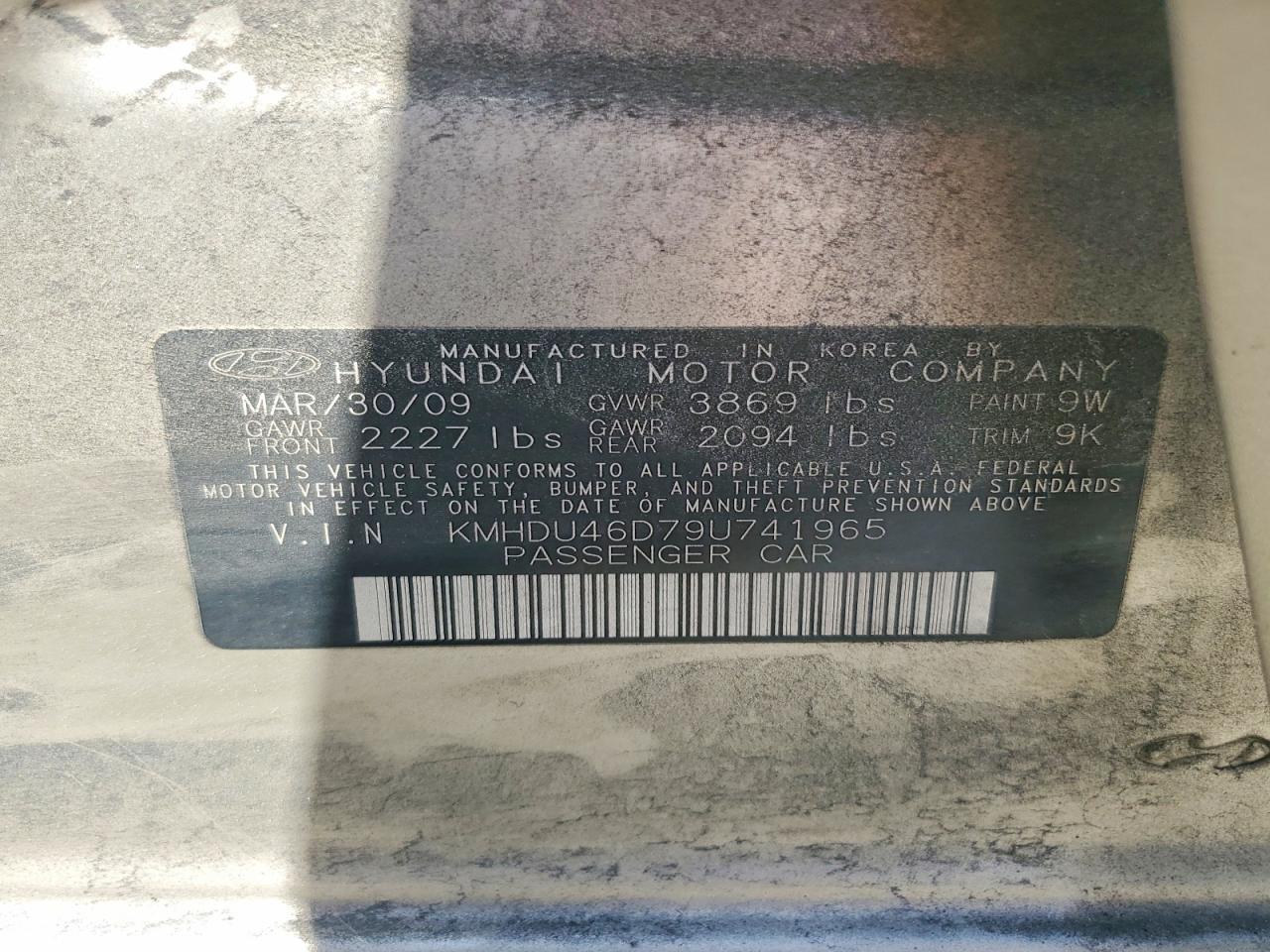 2009 Hyundai Elantra Gls Gold vin: KMHDU46D79U741965