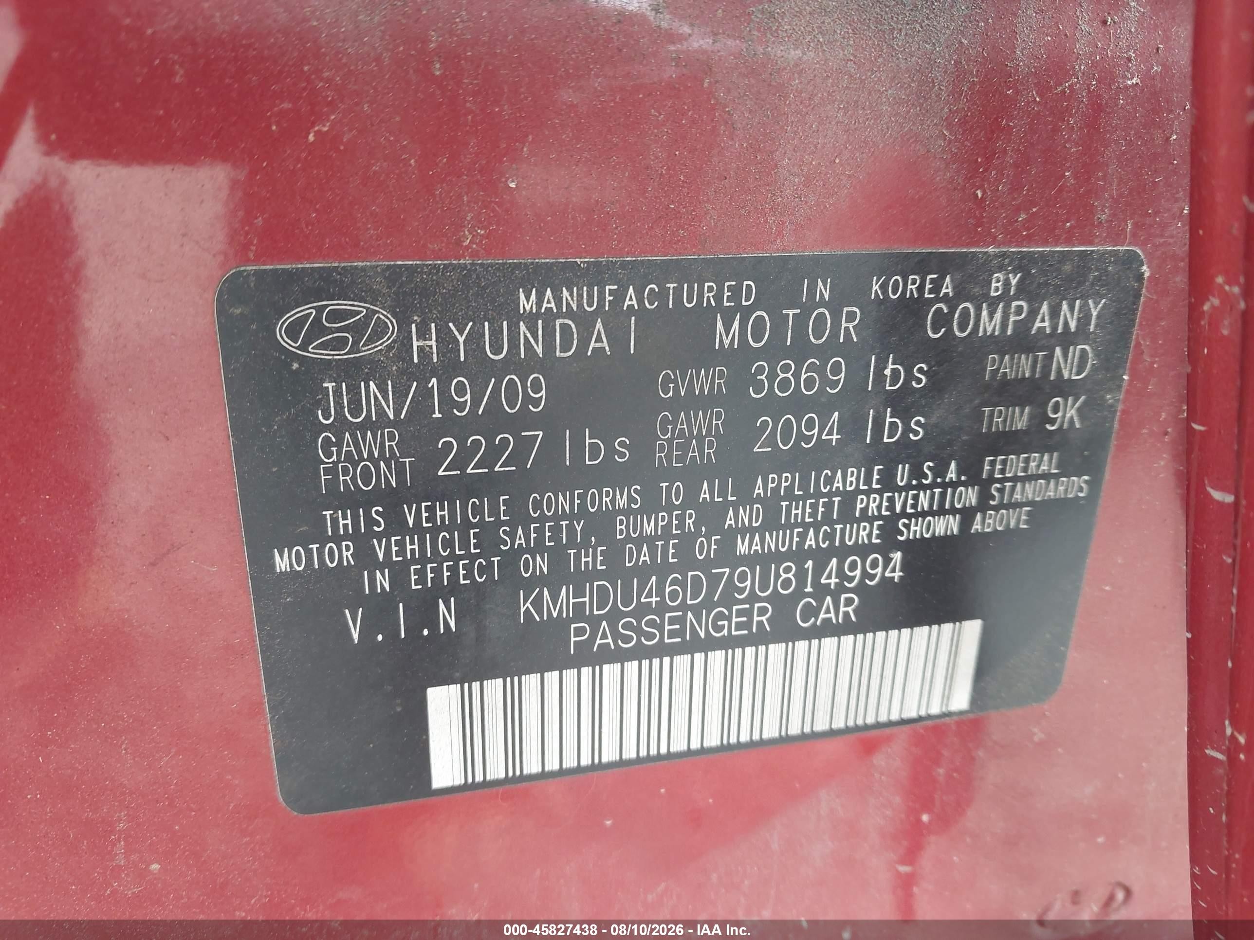 2009 Hyundai Elantra Gls Red vin: KMHDU46D79U814994