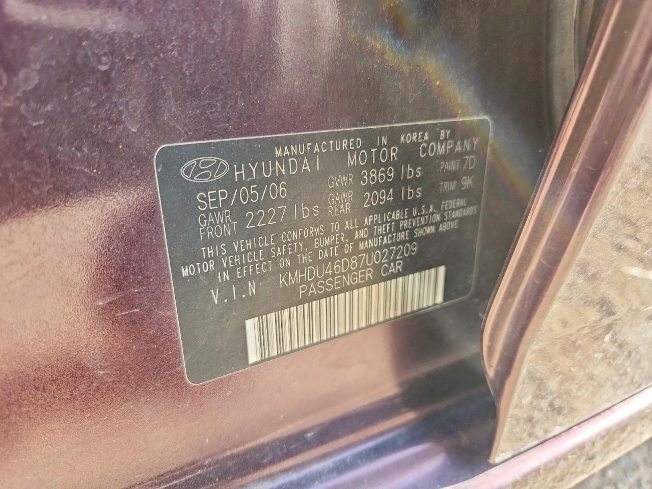 2007 Hyundai Elantra Gls Burgundy vin: KMHDU46D87U027209