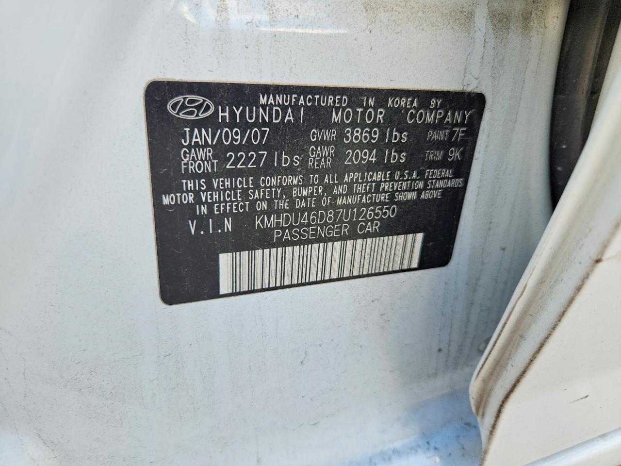2007 Hyundai Elantra Gls White vin: KMHDU46D87U126550
