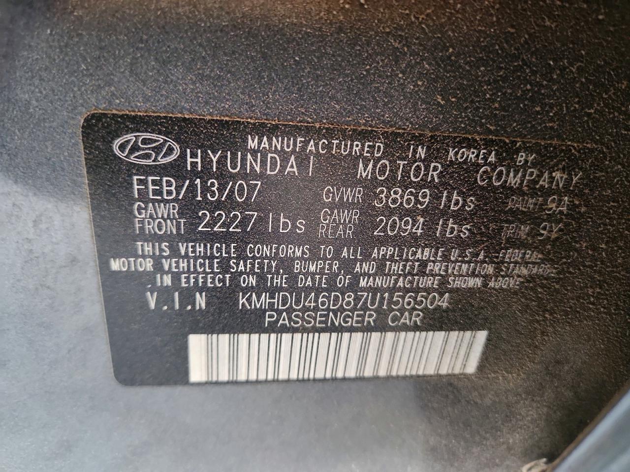 2007 Hyundai Elantra Gls Gray vin: KMHDU46D87U156504