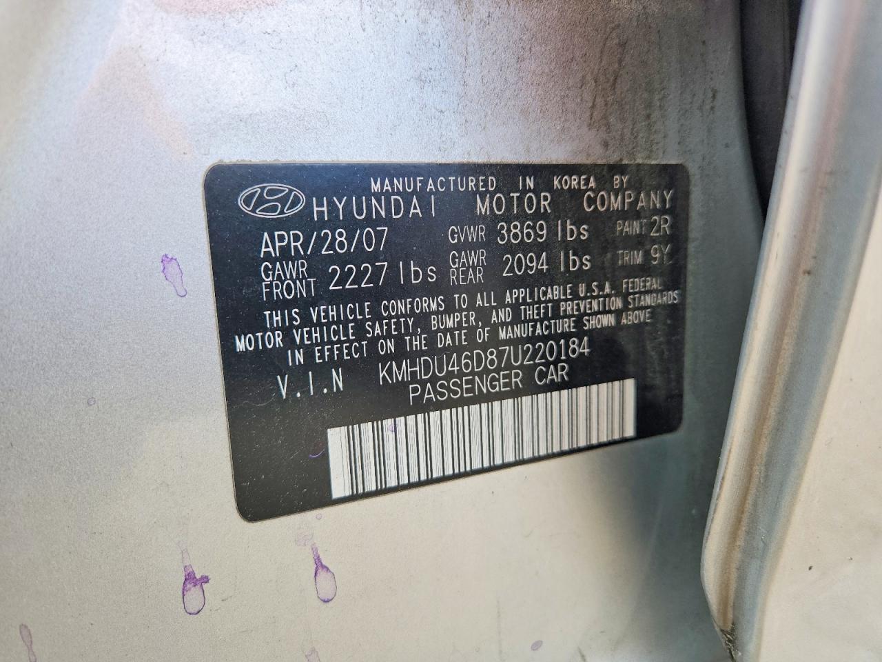 2007 Hyundai Elantra Silver vin: KMHDU46D87U220184