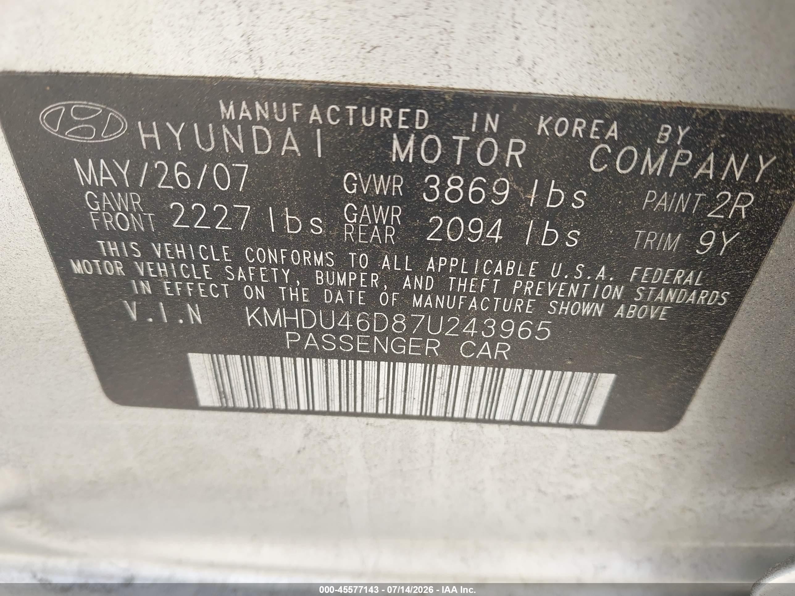2007 Hyundai Elantra Gls/ltd/se Silver vin: KMHDU46D87U243965