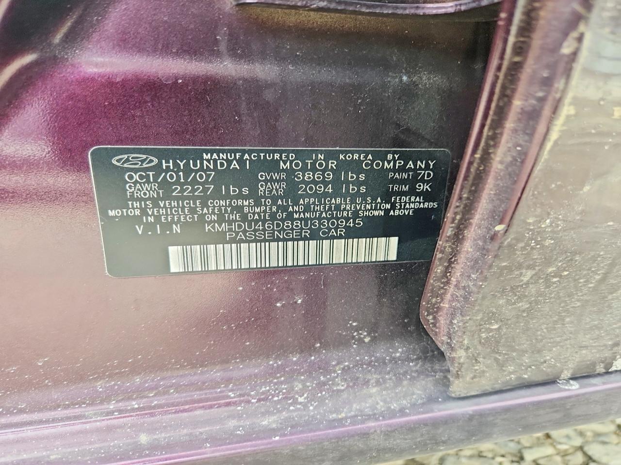 2008 Hyundai Elantra Gls Purple vin: KMHDU46D88U330945