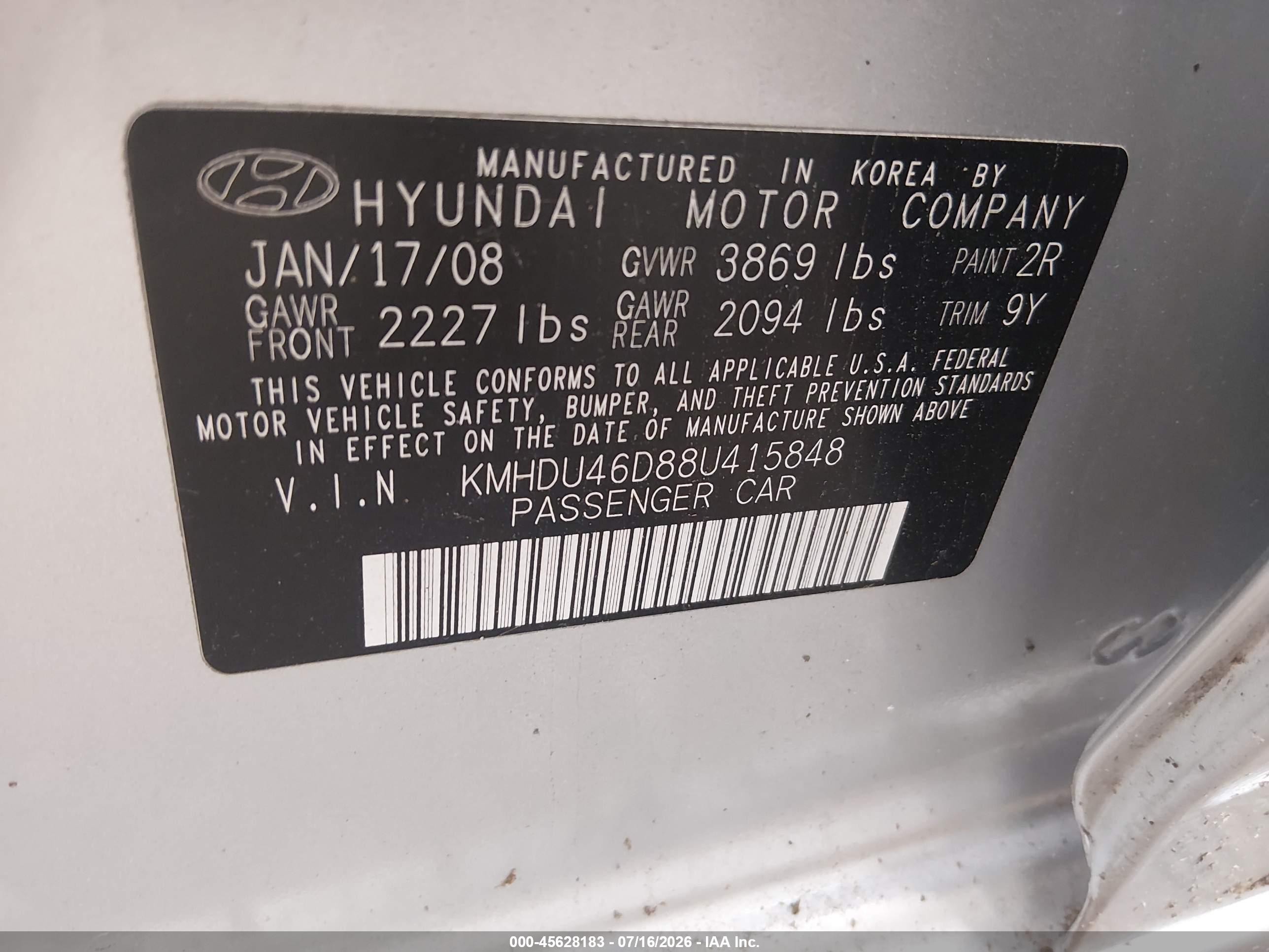 2008 Hyundai Elantra Gls/se Gray vin: KMHDU46D88U415848