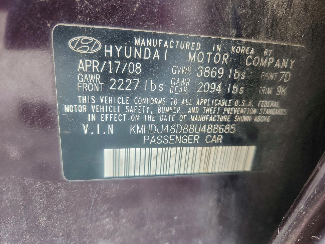 2008 Hyundai Elantra Gls Purple vin: KMHDU46D88U488685