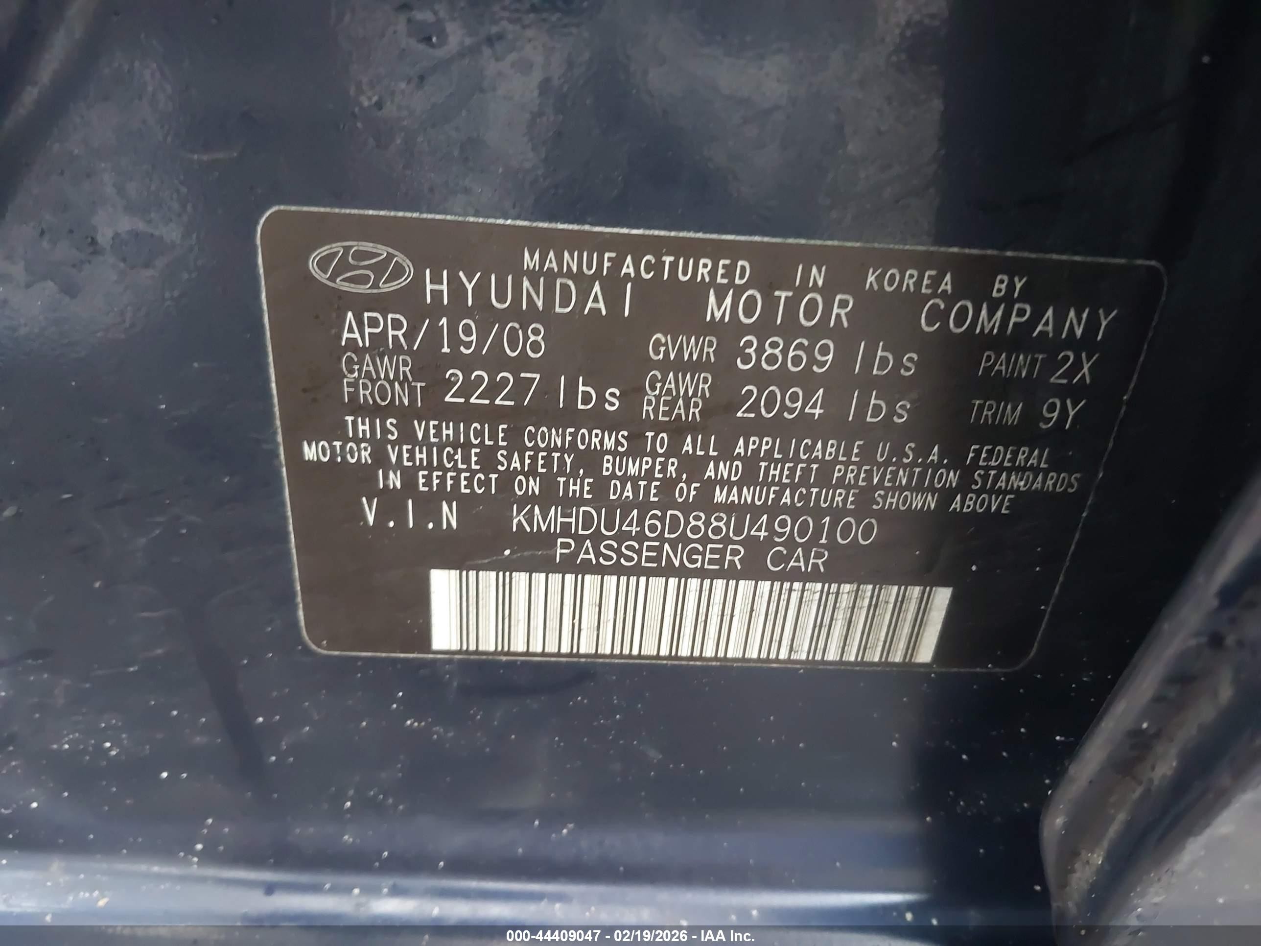 2008 Hyundai Elantra Gls/se Blue vin: KMHDU46D88U490100