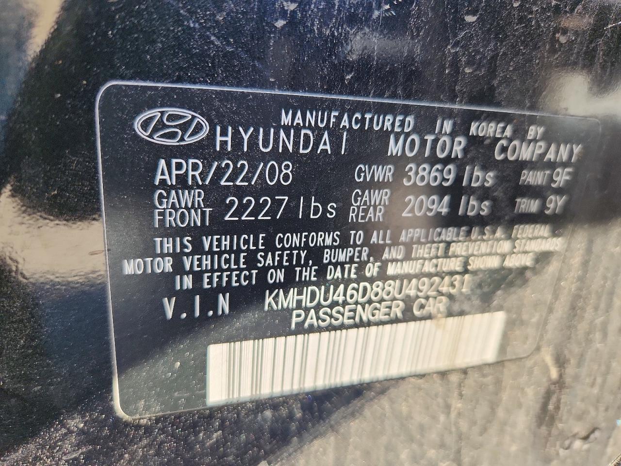 2008 Hyundai Elantra Gls Black vin: KMHDU46D88U492431