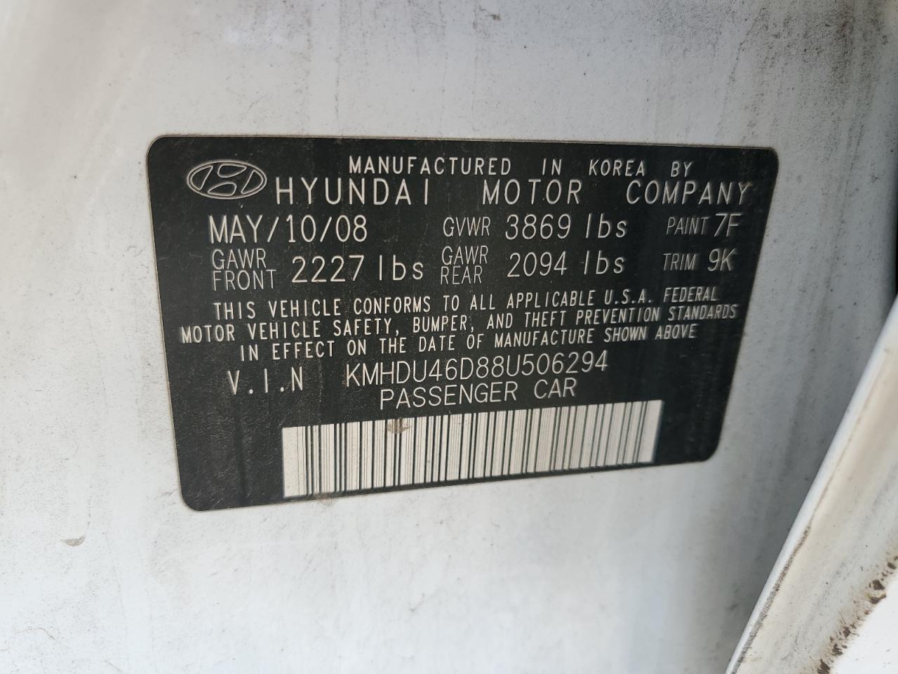 2008 Hyundai Elantra Gls White vin: KMHDU46D88U506294