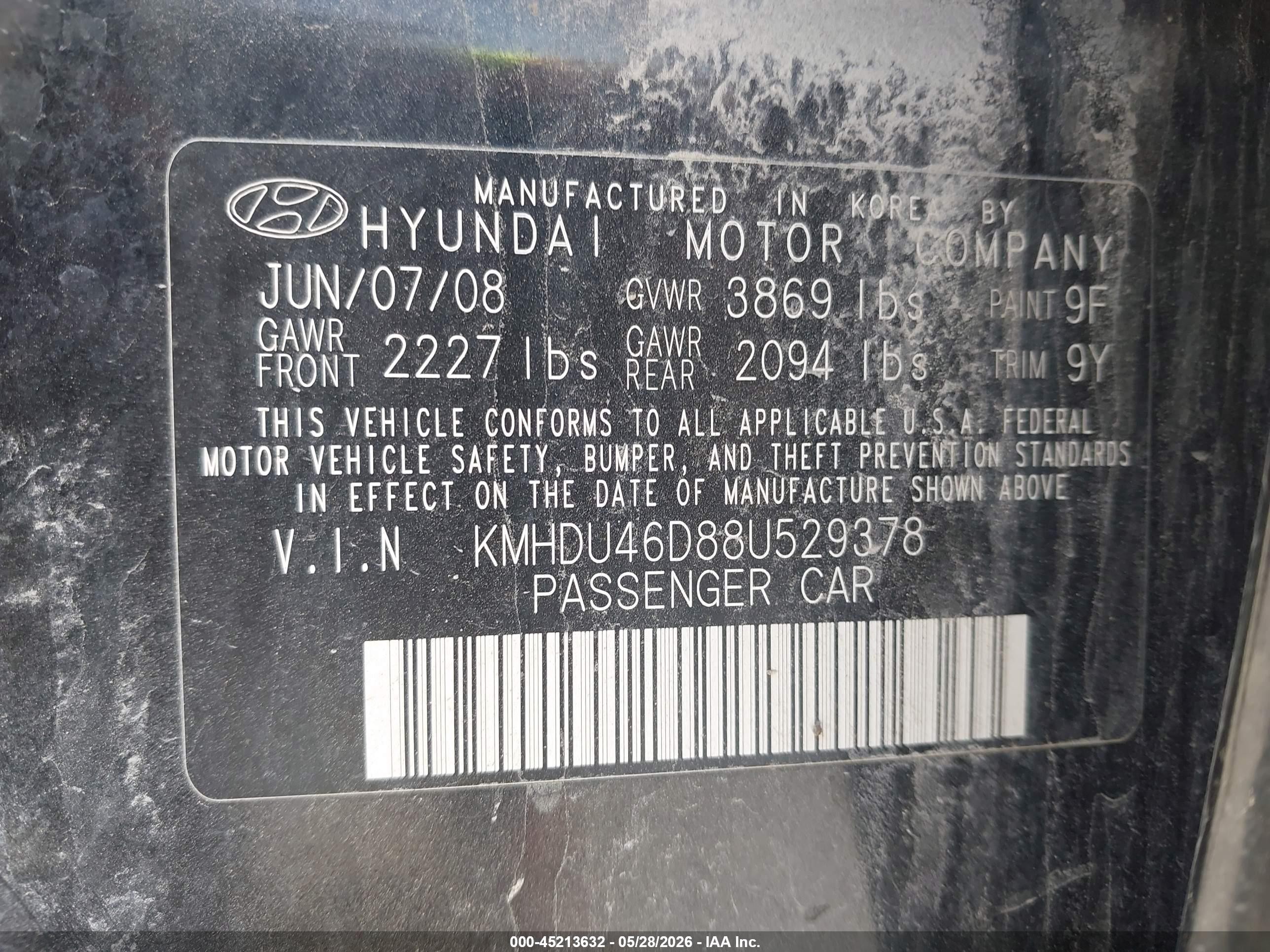 2008 Hyundai Elantra Gls/se Black vin: KMHDU46D88U529378