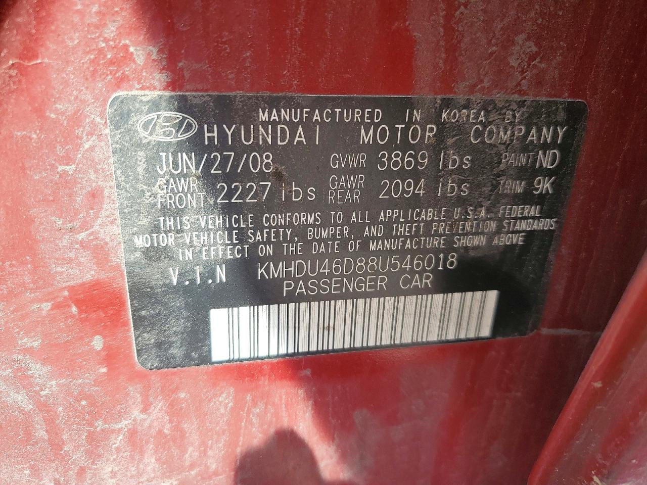2008 Hyundai Elantra Gls Red vin: KMHDU46D88U546018