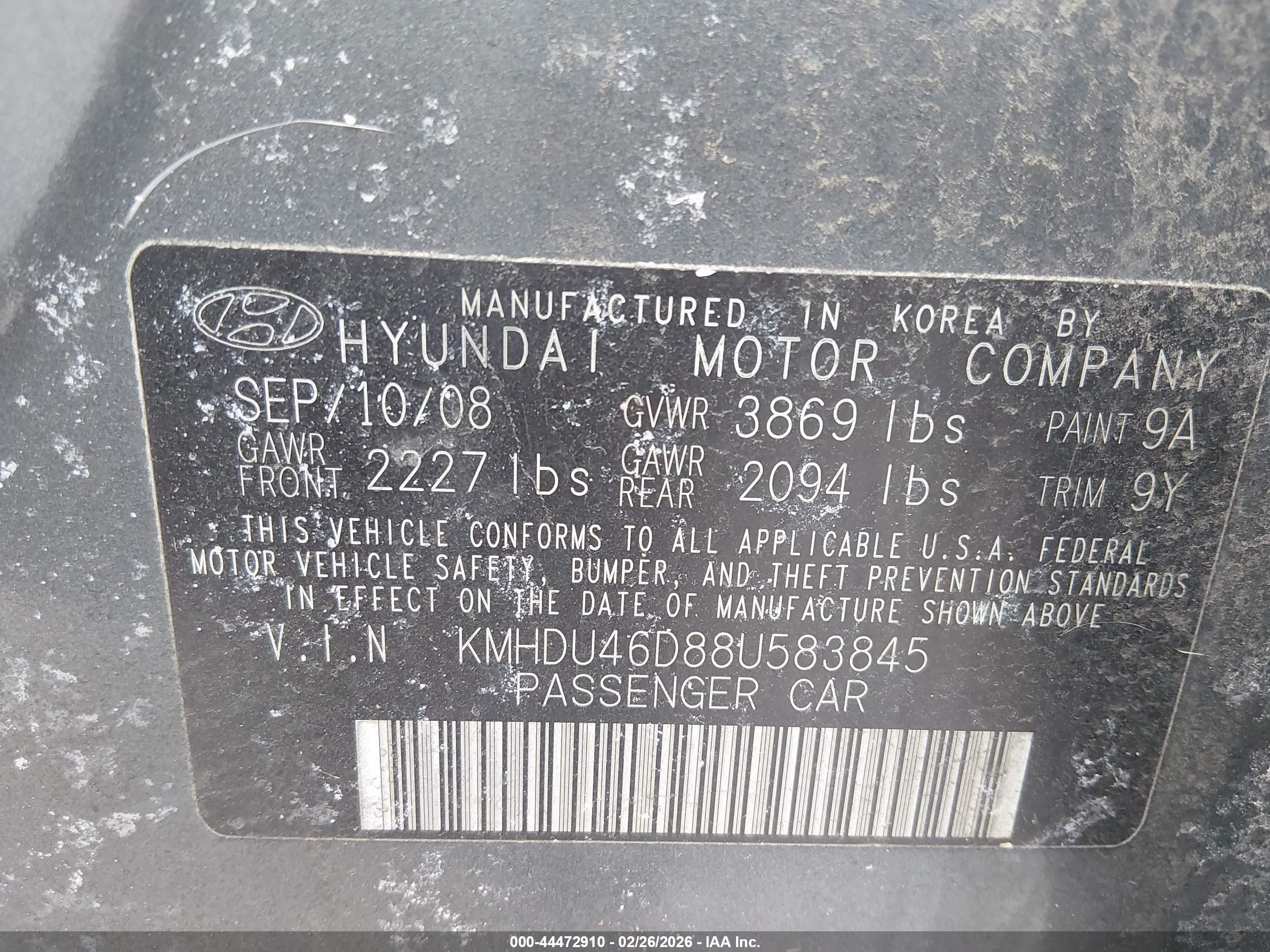 2008 Hyundai Elantra Gls/se Gray vin: KMHDU46D88U583845