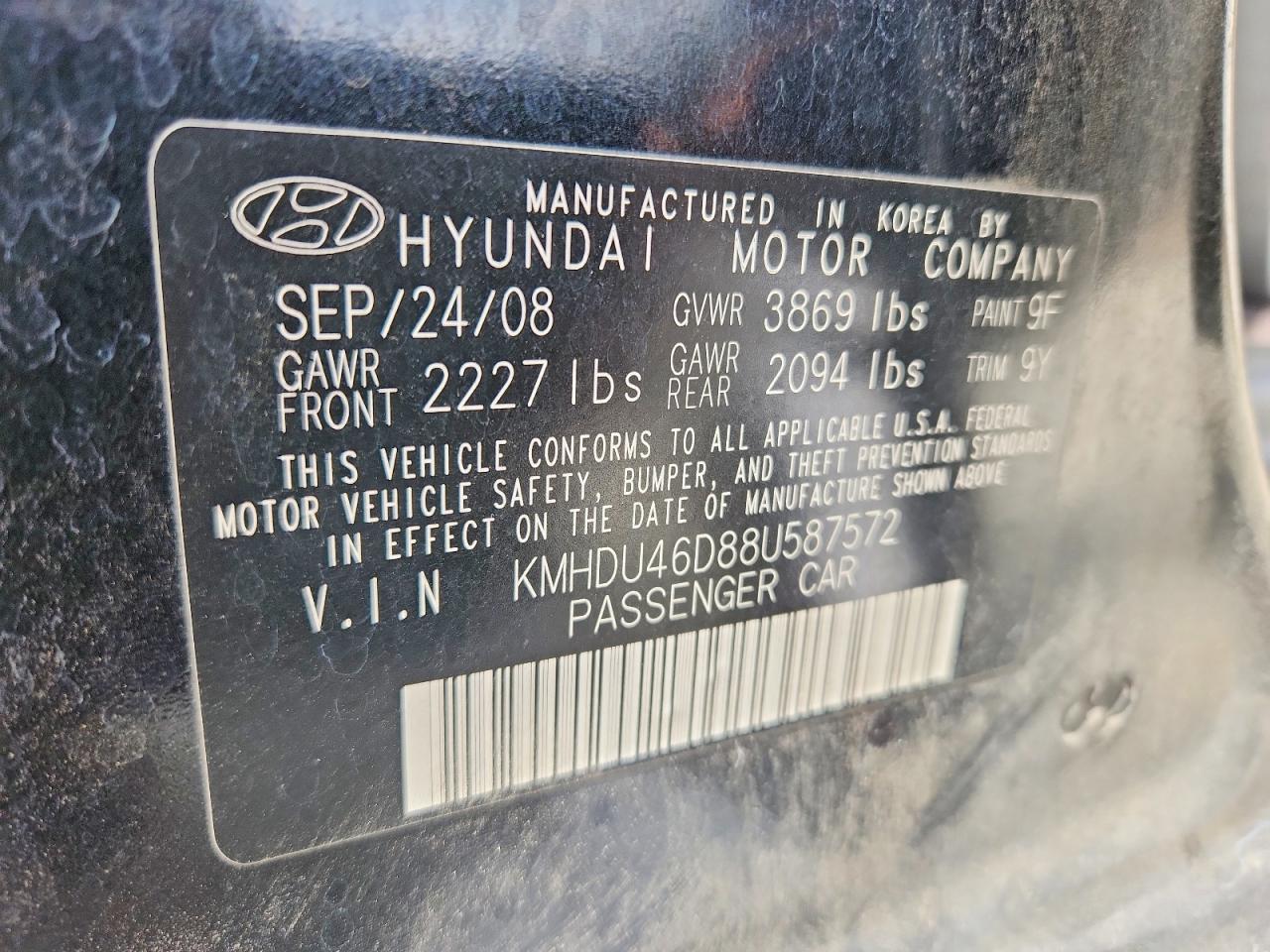 2008 Hyundai Elantra Gls Black vin: KMHDU46D88U587572