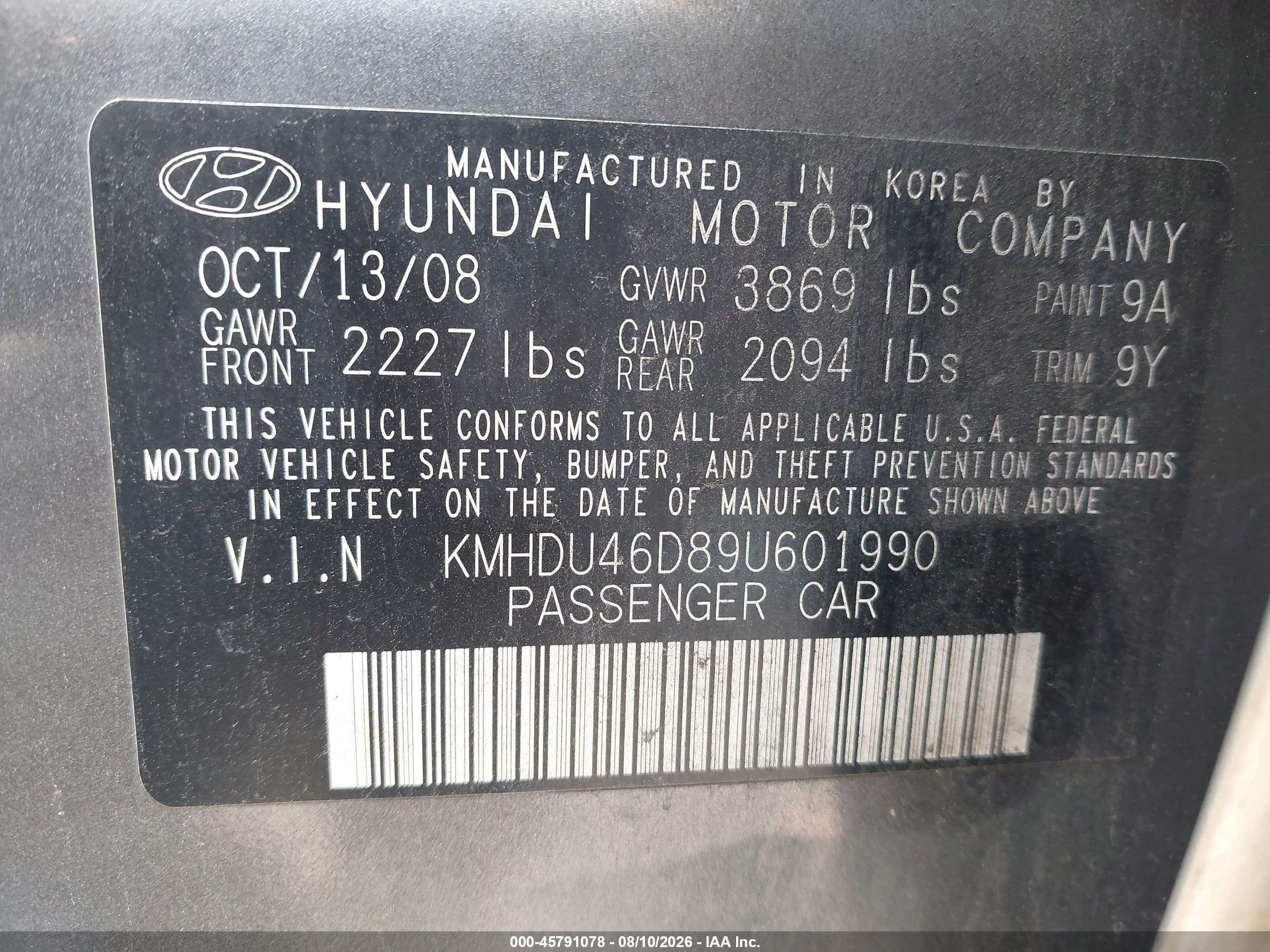 2009 Hyundai Elantra Gls Gray vin: KMHDU46D89U601990