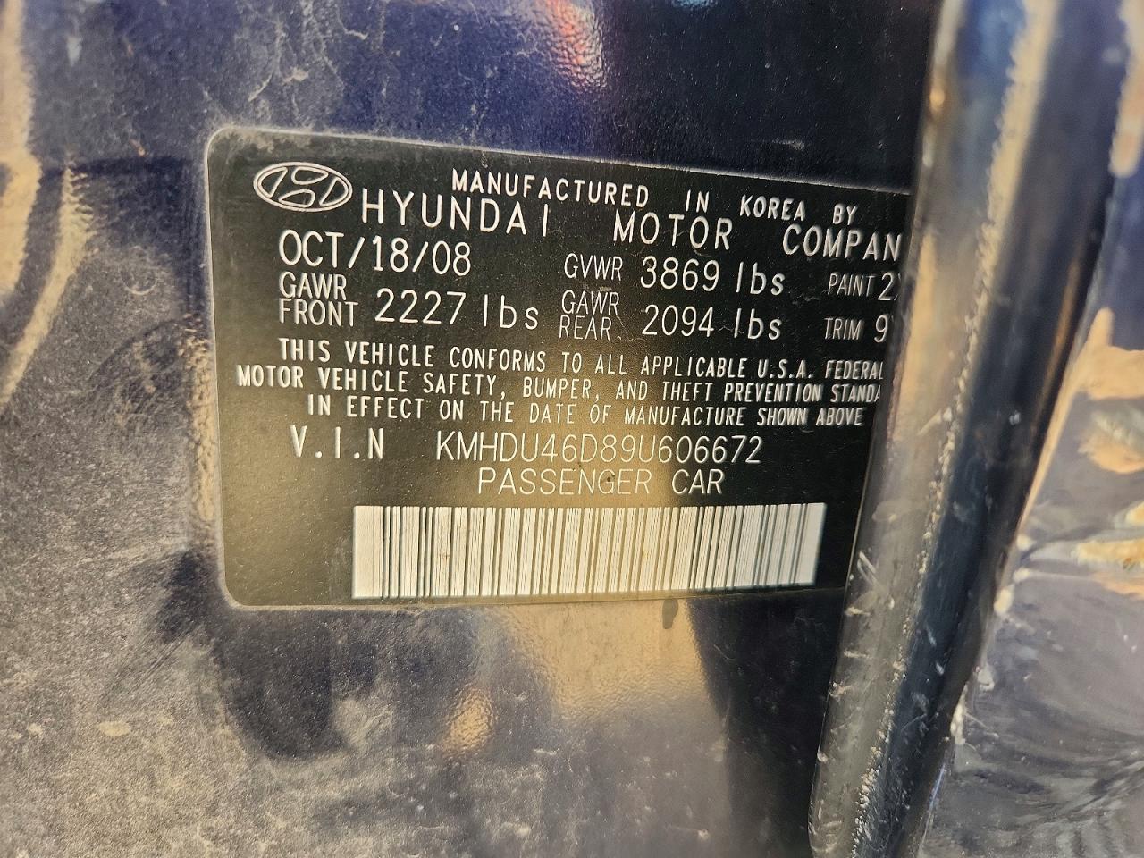 2009 Hyundai Elantra Gls Blue vin: KMHDU46D89U606672
