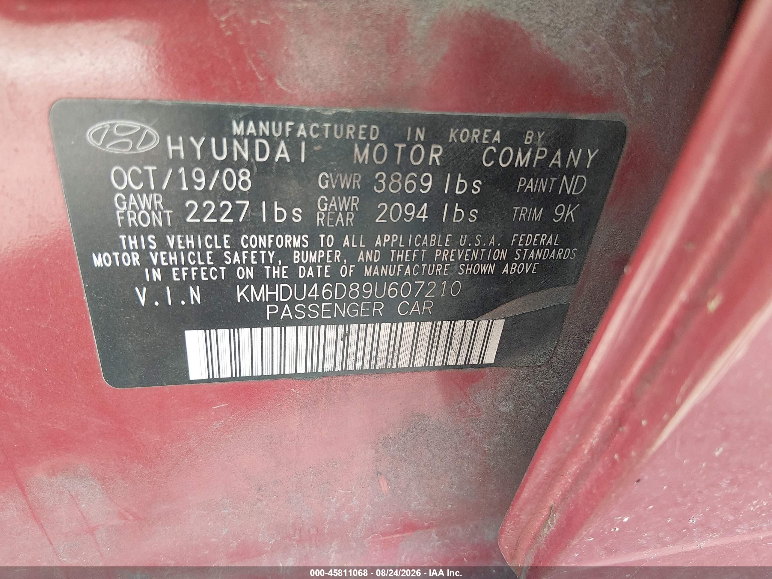 2009 Hyundai Elantra Gls Red vin: KMHDU46D89U607210