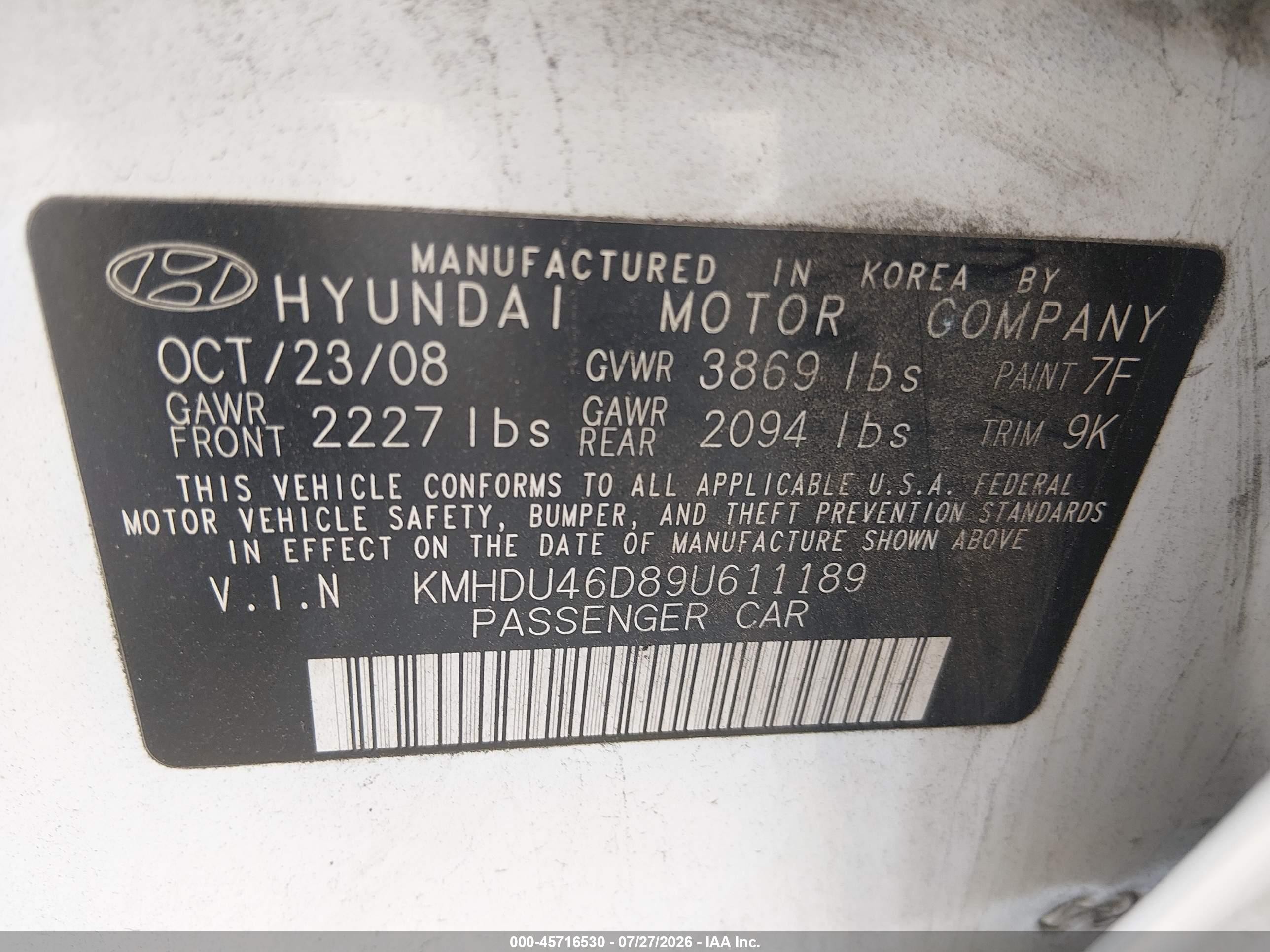 2009 Hyundai Elantra Gls White vin: KMHDU46D89U611189
