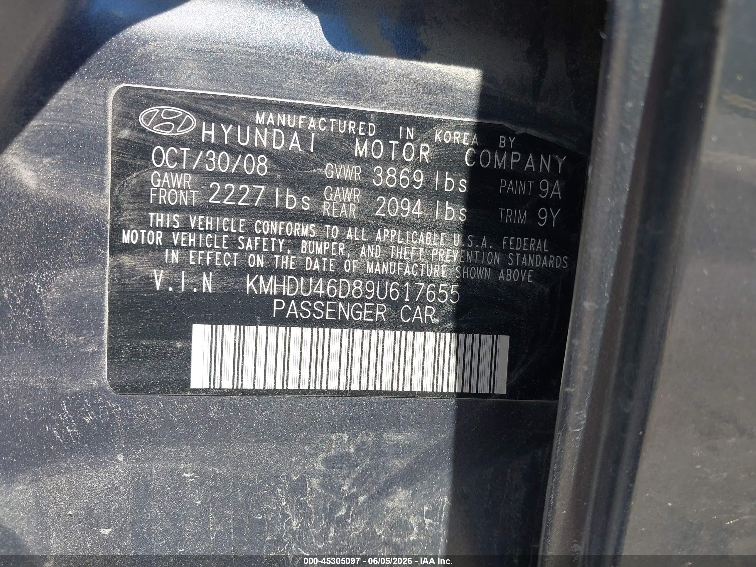 2009 Hyundai Elantra Se Gray vin: KMHDU46D89U617655