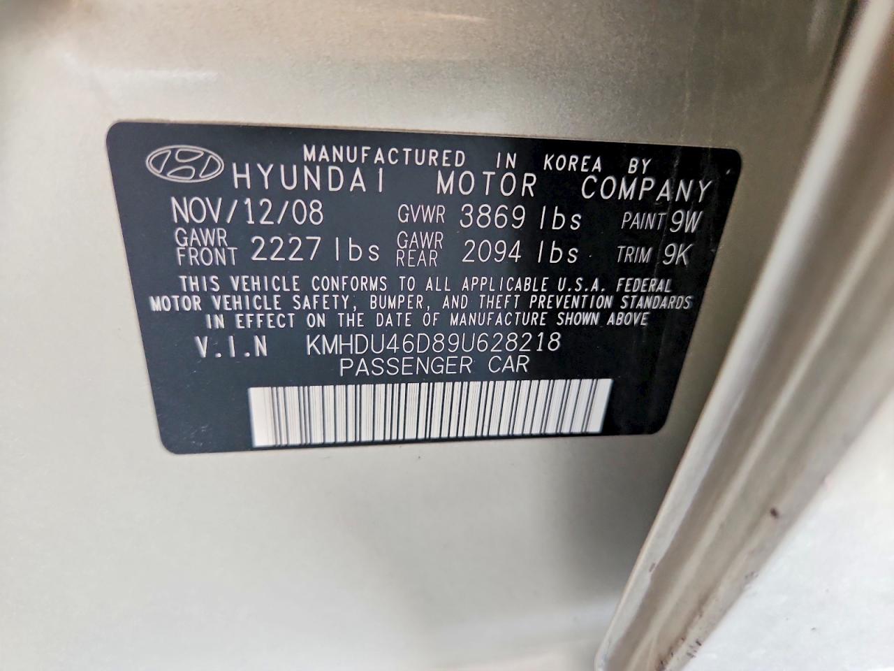 2009 Hyundai Elantra Gls Gold vin: KMHDU46D89U628218