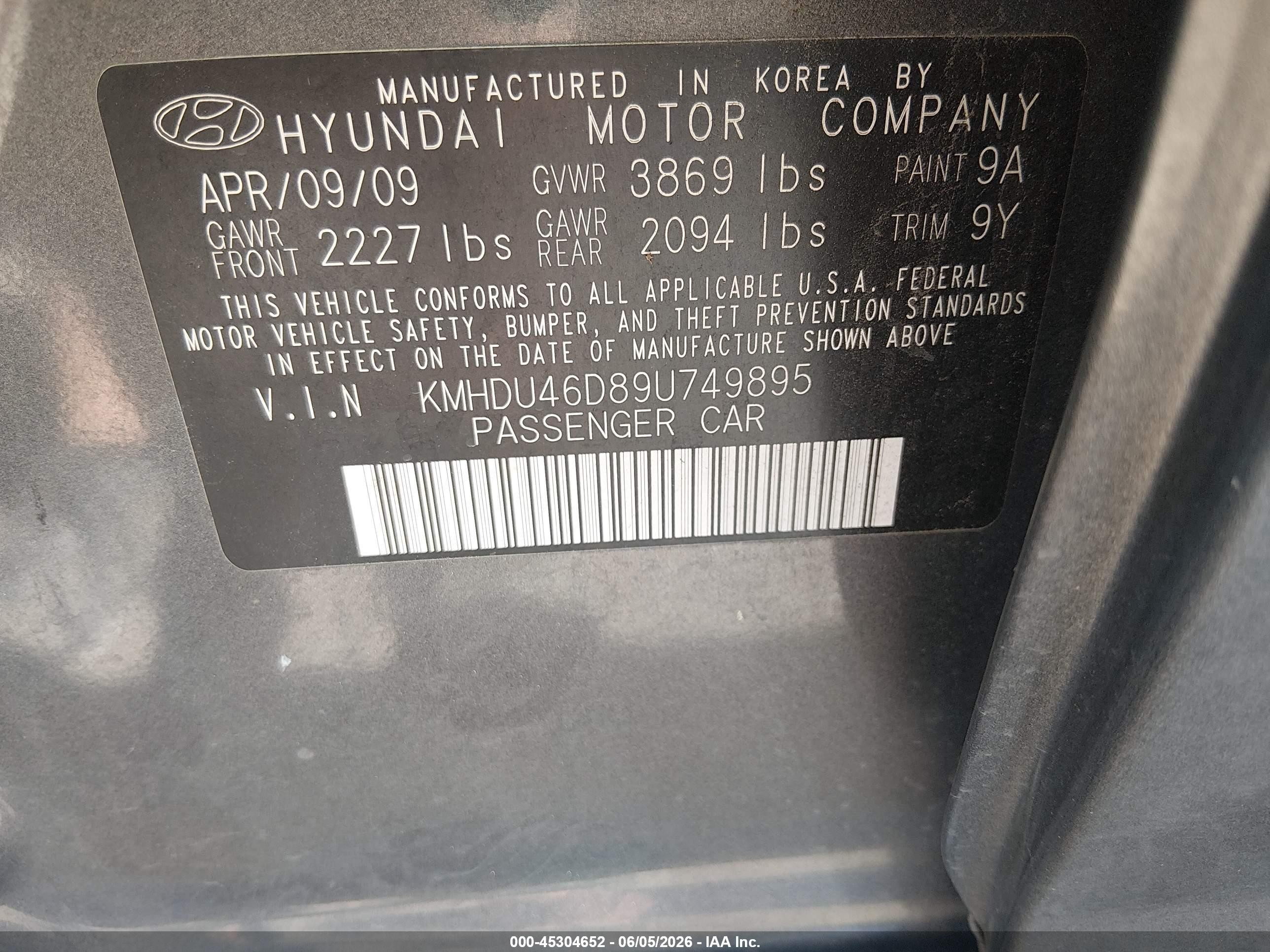 2009 Hyundai Elantra Gls Gray vin: KMHDU46D89U749895