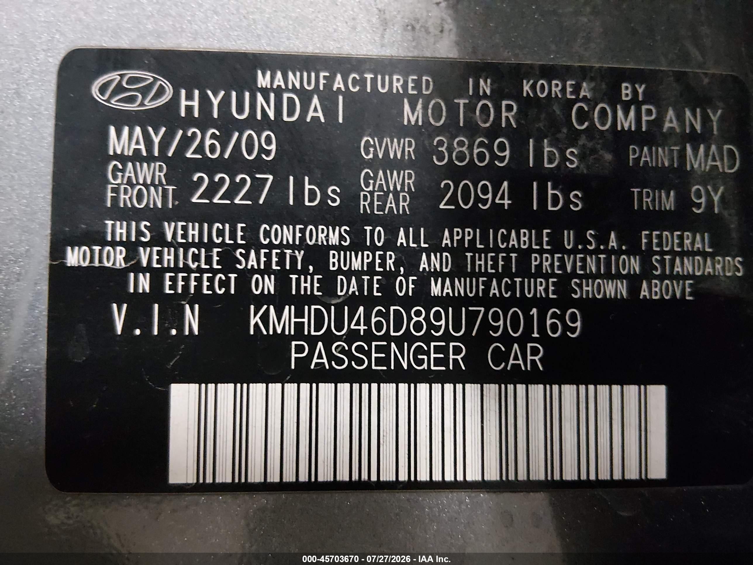 2009 Hyundai Elantra Gls Gray vin: KMHDU46D89U790169