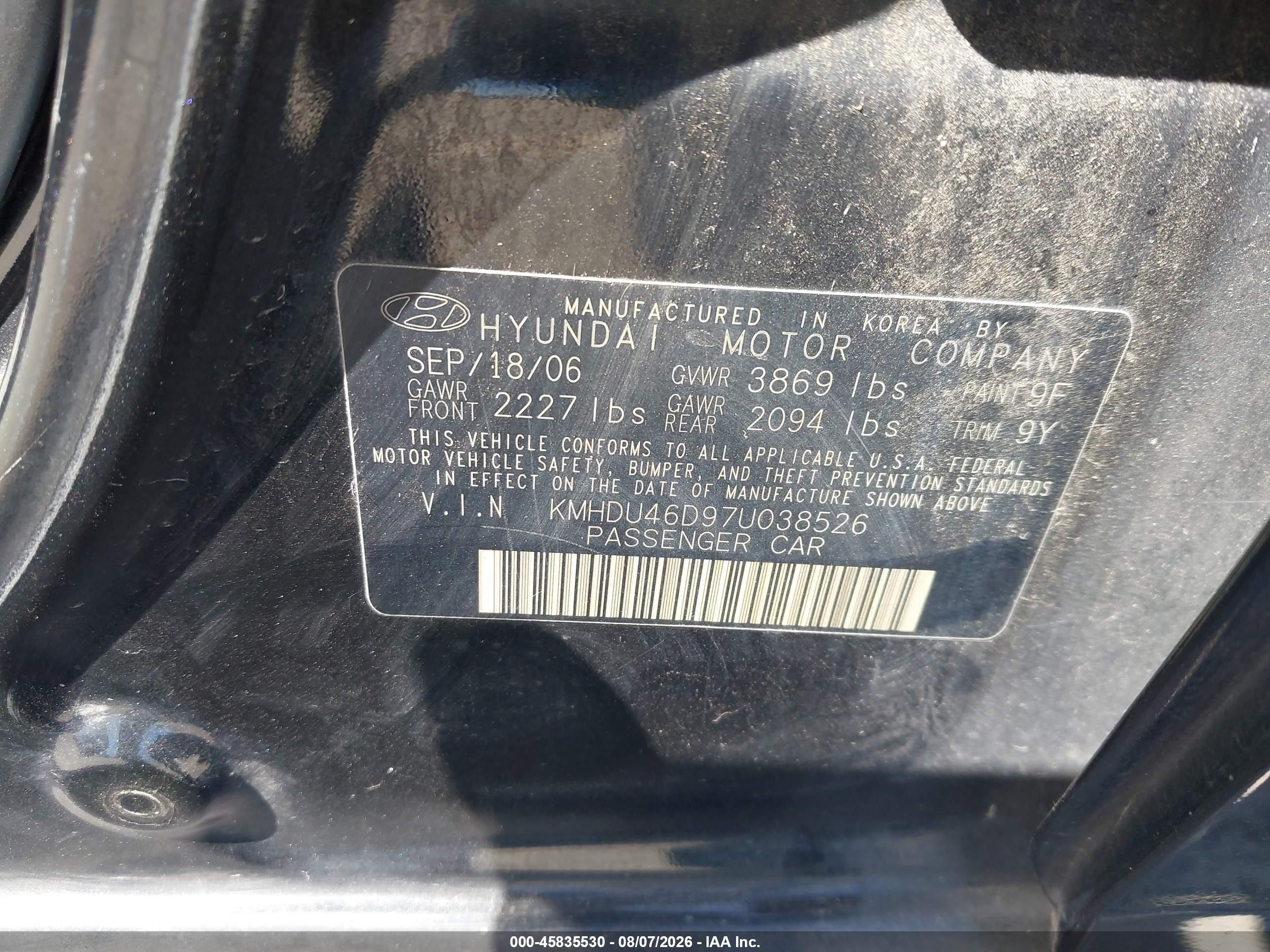 2007 Hyundai Elantra Gls/ltd/se Black vin: KMHDU46D97U038526