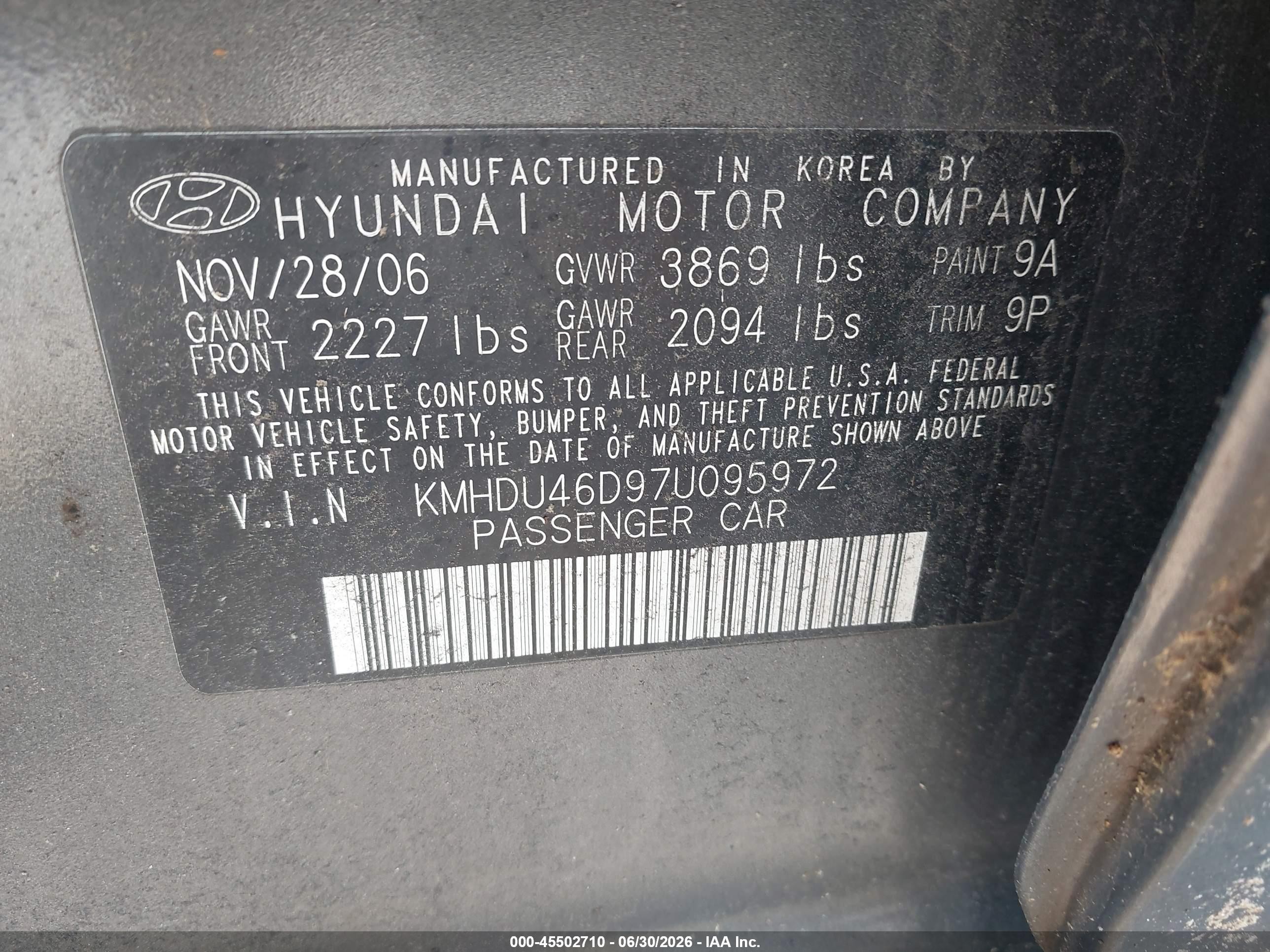 2007 Hyundai Elantra Gls/ltd/se Gray vin: KMHDU46D97U095972