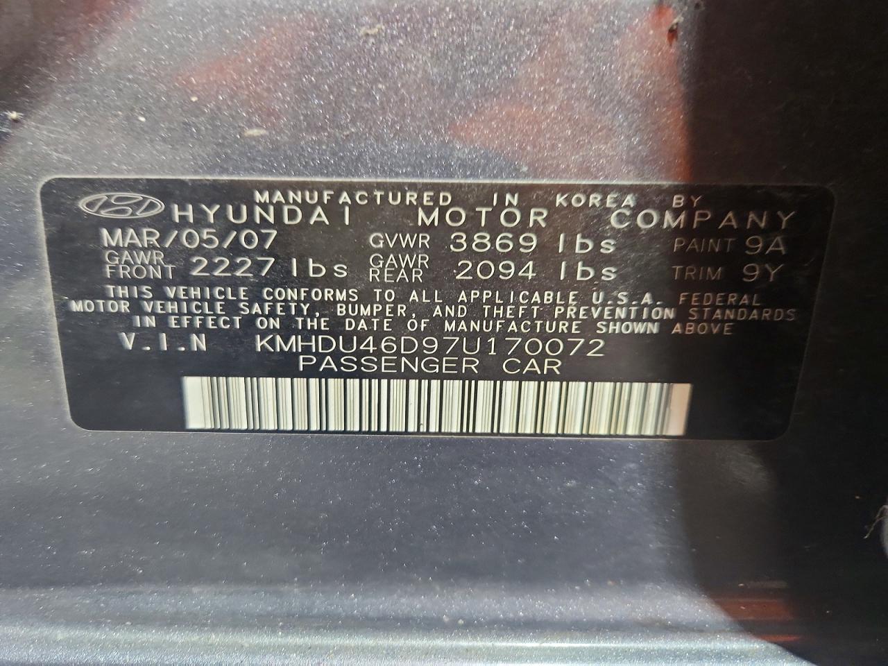 2007 Hyundai Elantra Gls Charcoal vin: KMHDU46D97U170072