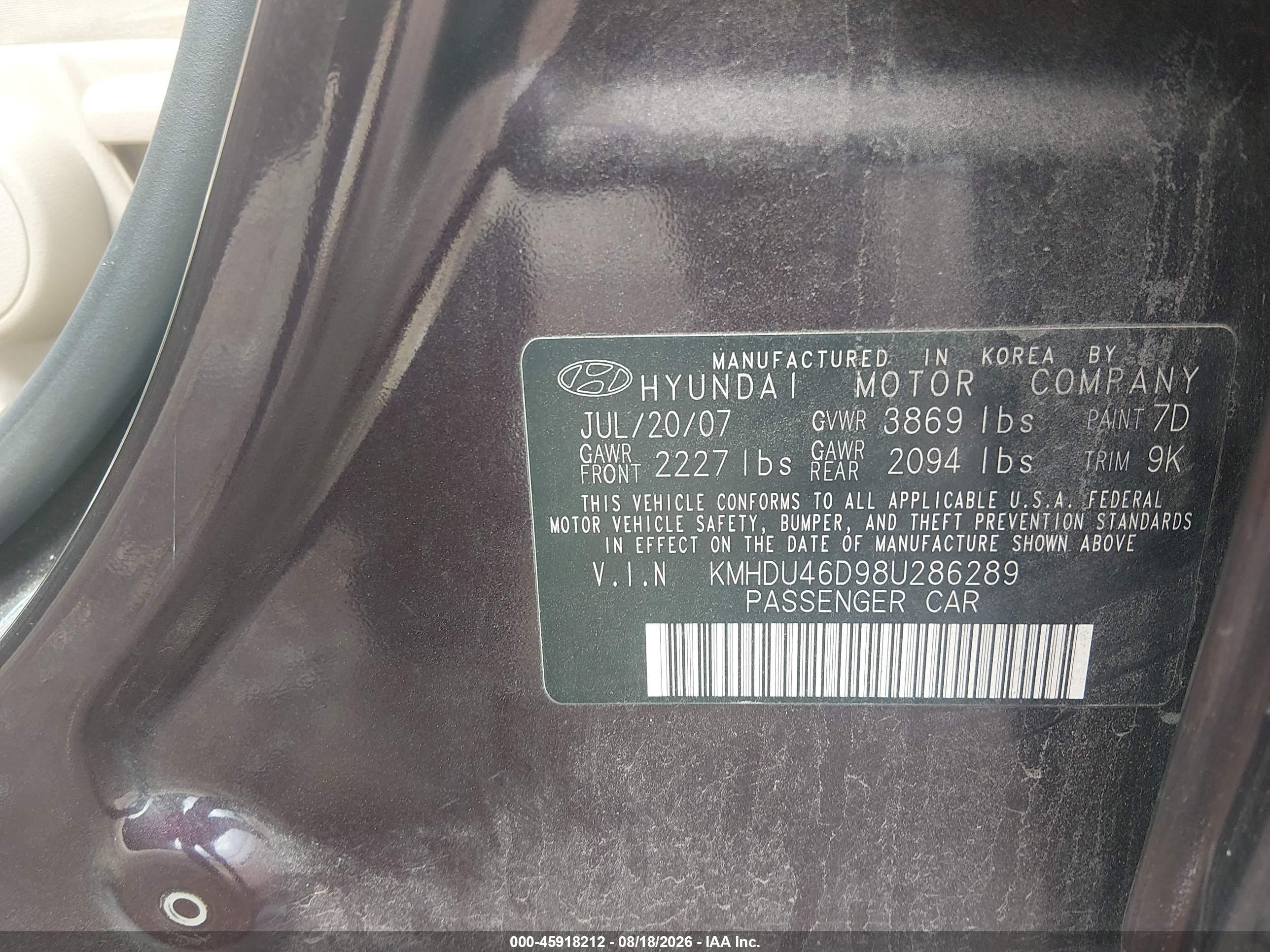 2008 Hyundai Elantra Gls/se Purple vin: KMHDU46D98U286289