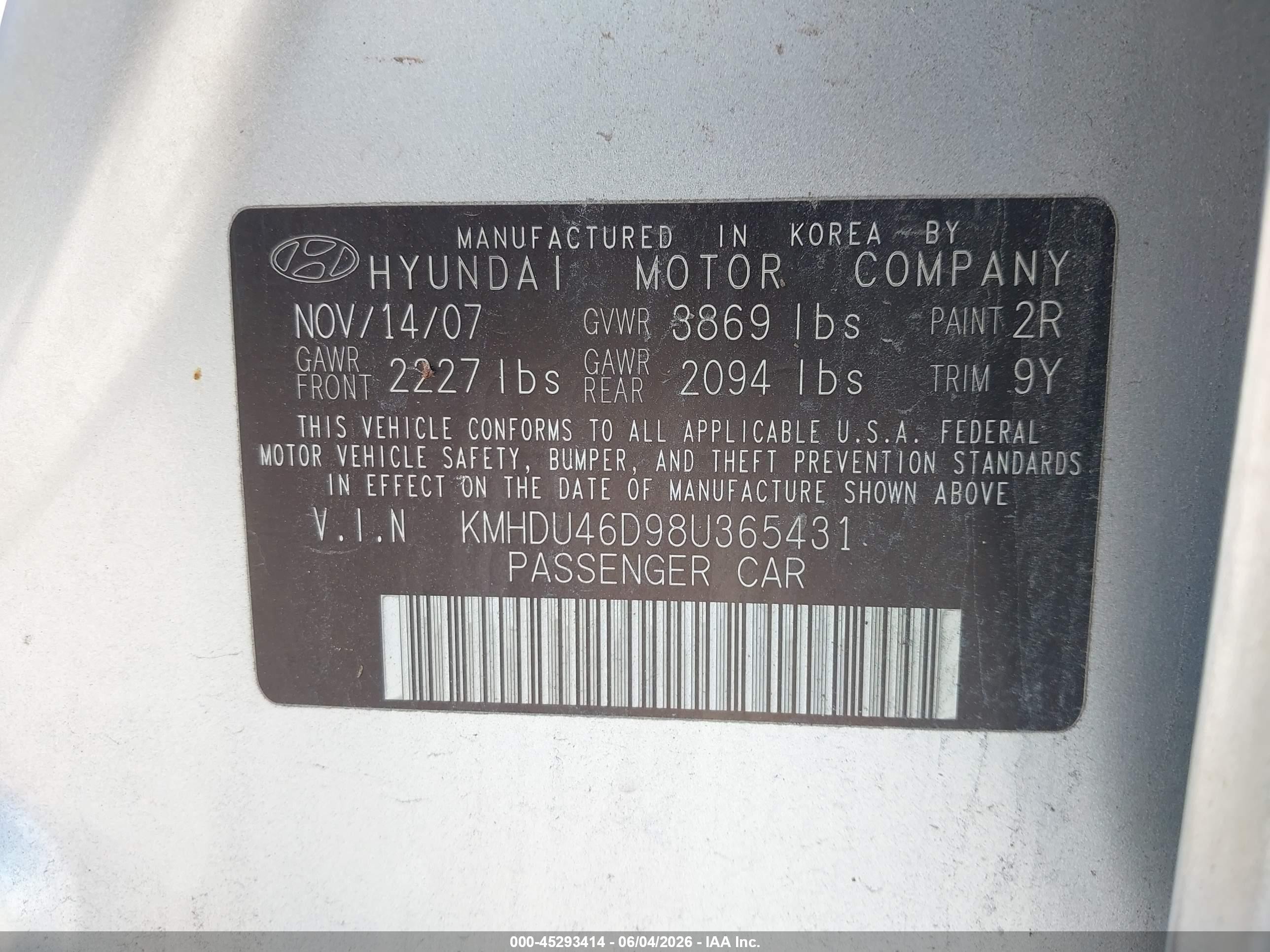 2008 Hyundai Elantra Gls/se Gray vin: KMHDU46D98U365431