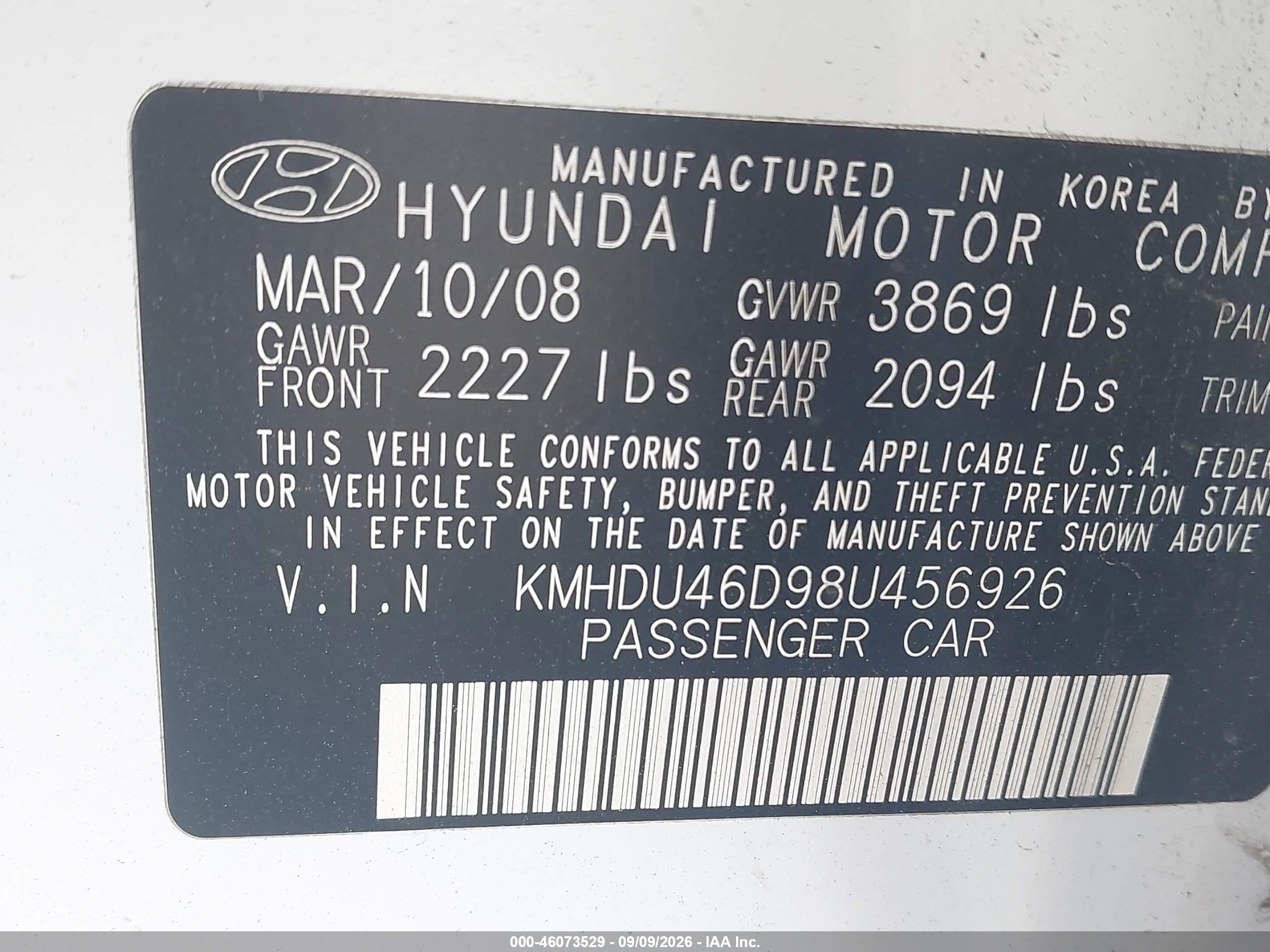 2008 Hyundai Elantra Gls/se Белый vin: KMHDU46D98U456926