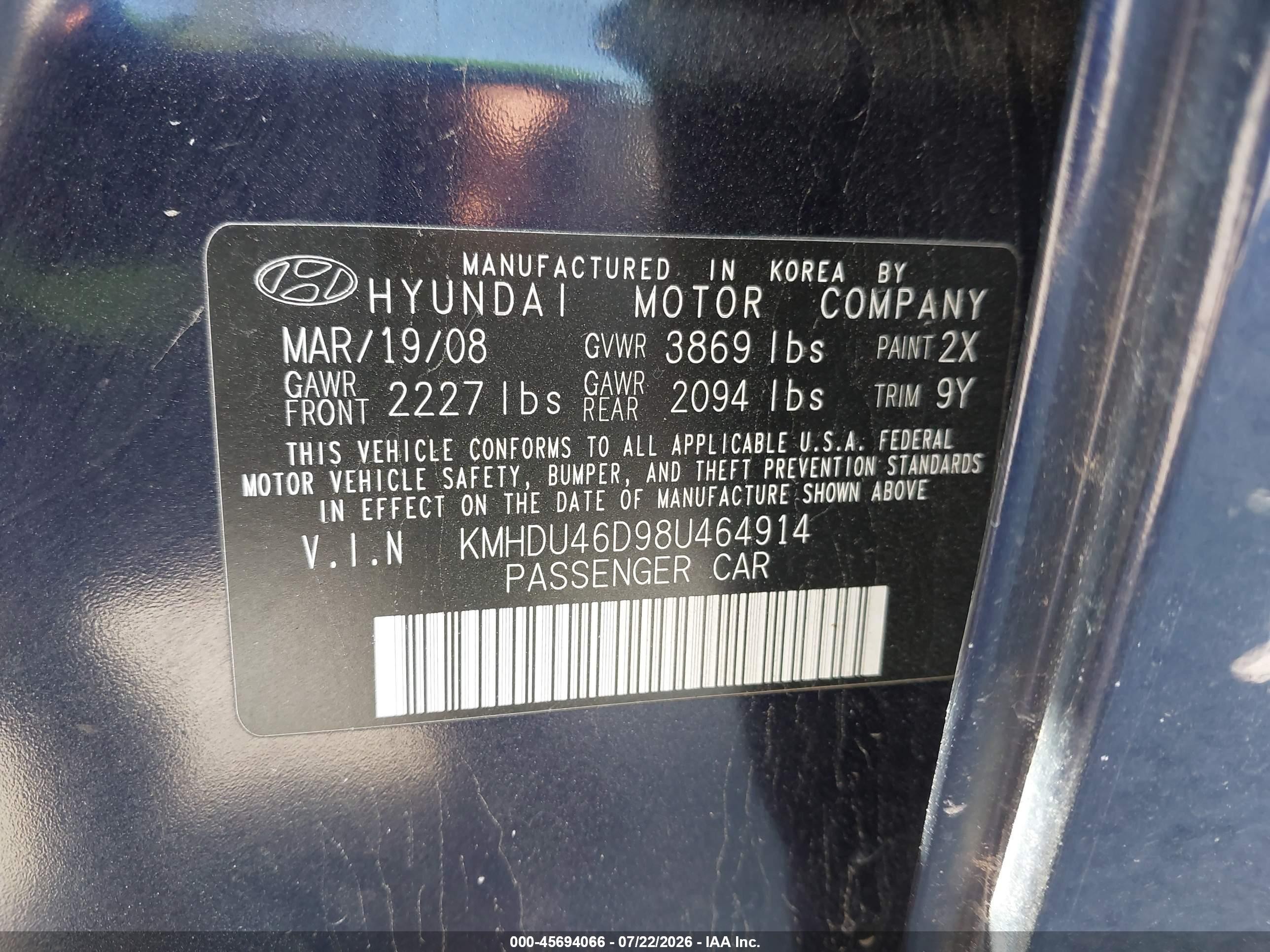 2008 Hyundai Elantra Gls/se Dark Blue vin: KMHDU46D98U464914