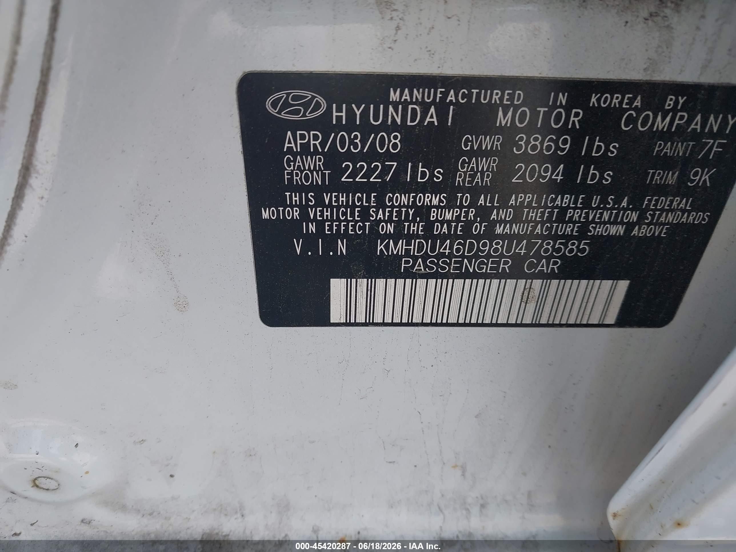 2008 Hyundai Elantra Gls/se White vin: KMHDU46D98U478585