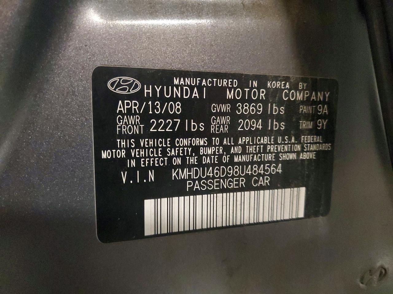 2008 Hyundai Elantra Gls Серый vin: KMHDU46D98U484564