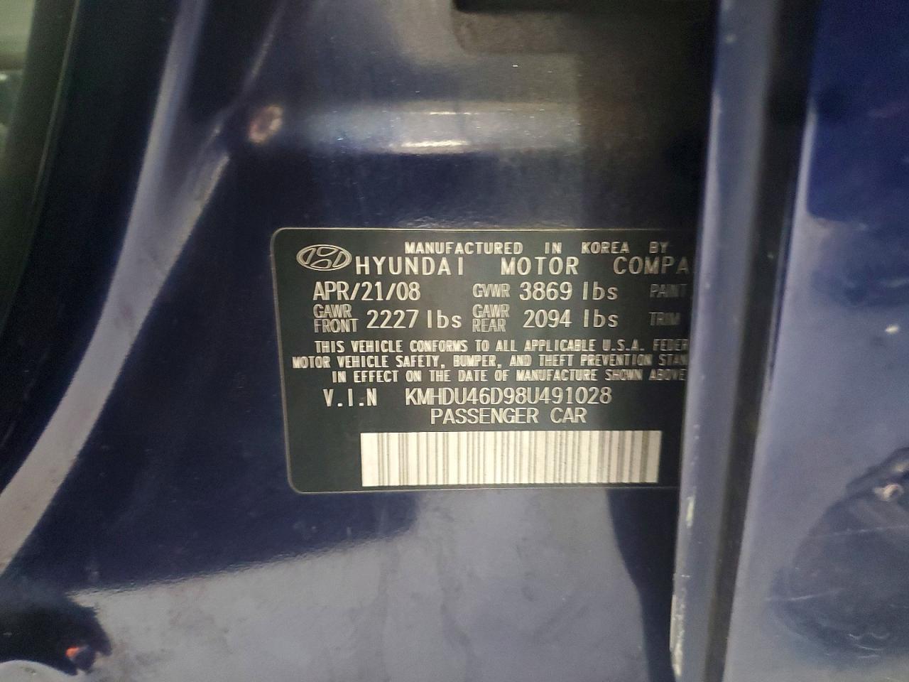 2008 Hyundai Elantra Gls Blue vin: KMHDU46D98U491028